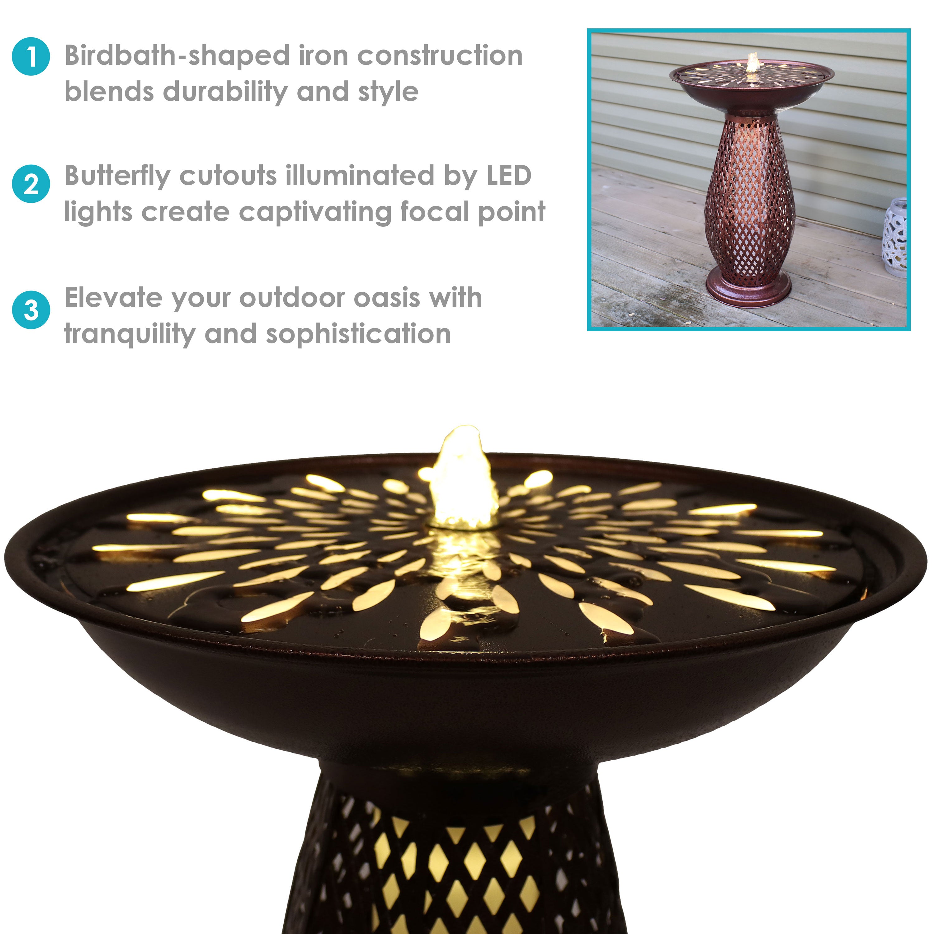 Sunnydaze 28.75" Iron Crosshatch Bird Bath Fountain with LED Lights QZC-328