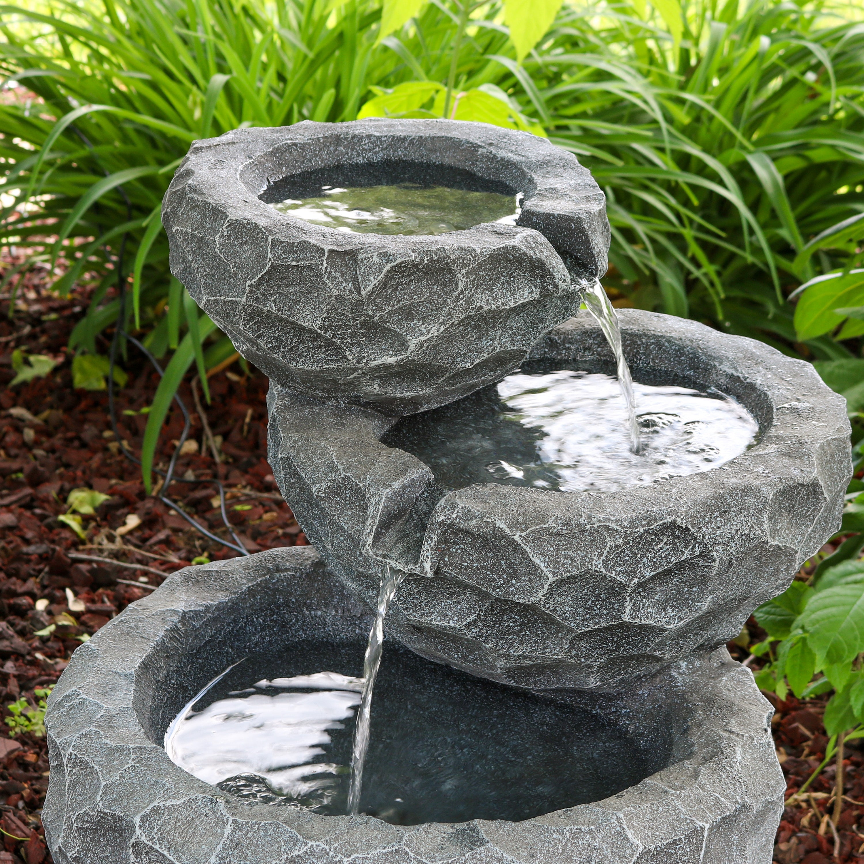 Sunnydaze 3-Tier Chiseled Basin Solar Powered Fountain for Garden, Patio, Yard or Balcony - Polyresin AMP-F834
