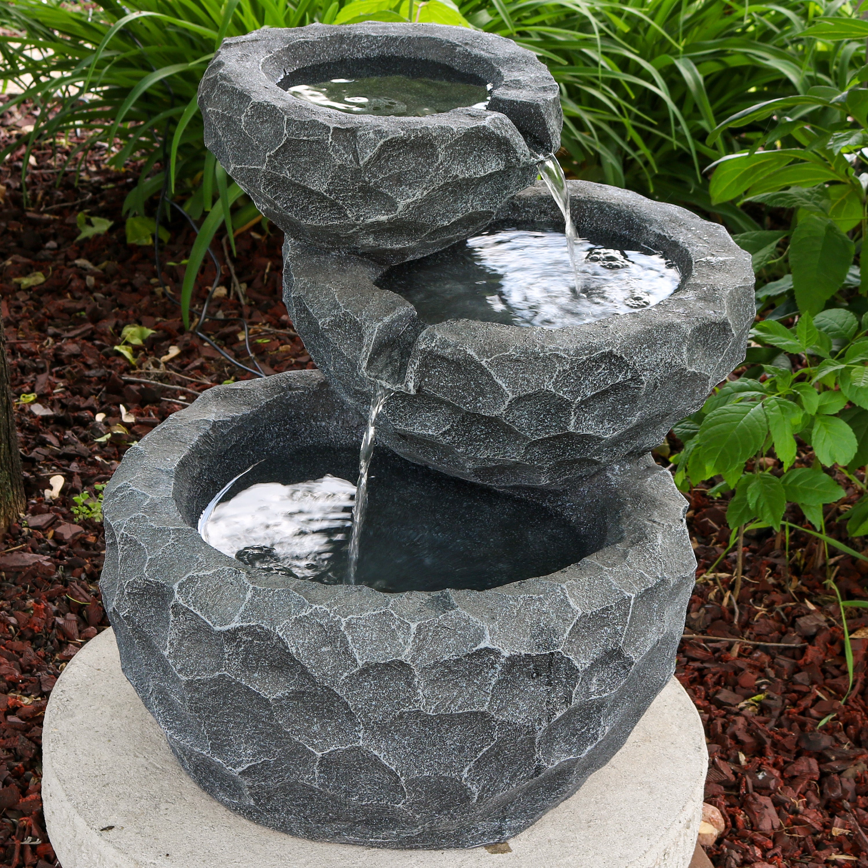 Sunnydaze 3-Tier Chiseled Basin Solar Powered Fountain for Garden, Patio, Yard or Balcony - Polyresin AMP-F834