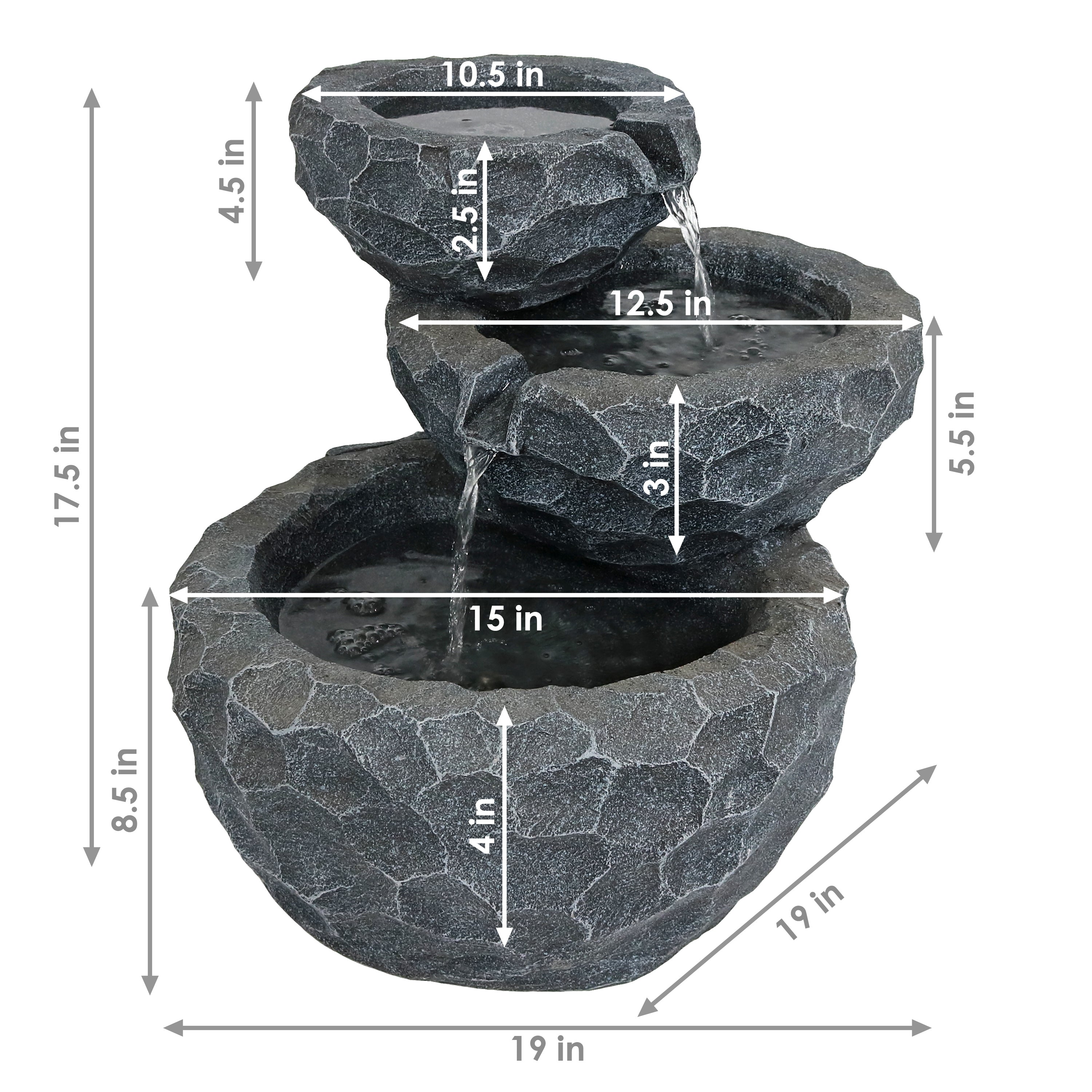 Sunnydaze 3-Tier Chiseled Basin Solar Powered Fountain for Garden, Patio, Yard or Balcony - Polyresin AMP-F834