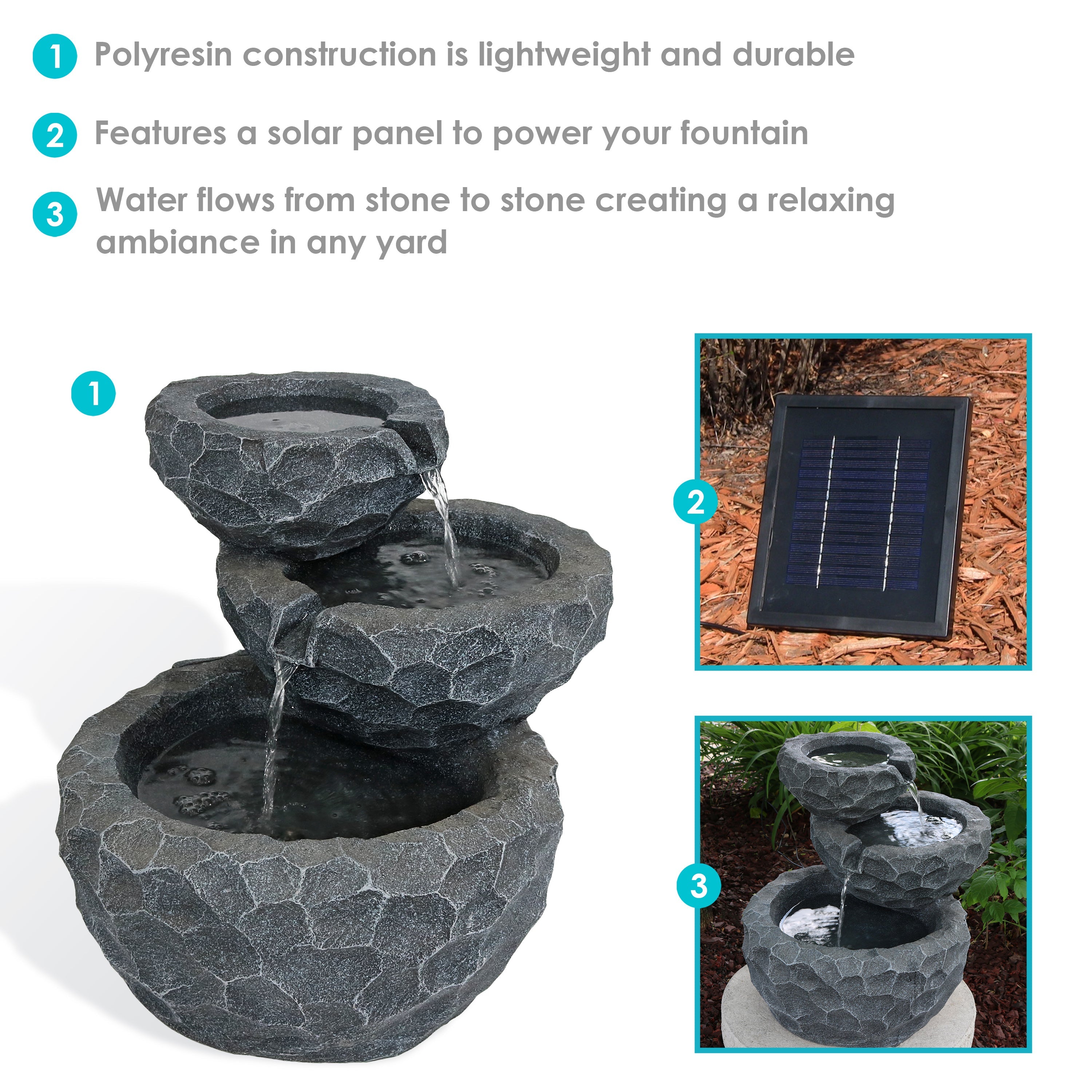 Sunnydaze 3-Tier Chiseled Basin Solar Powered Fountain for Garden, Patio, Yard or Balcony - Polyresin AMP-F834