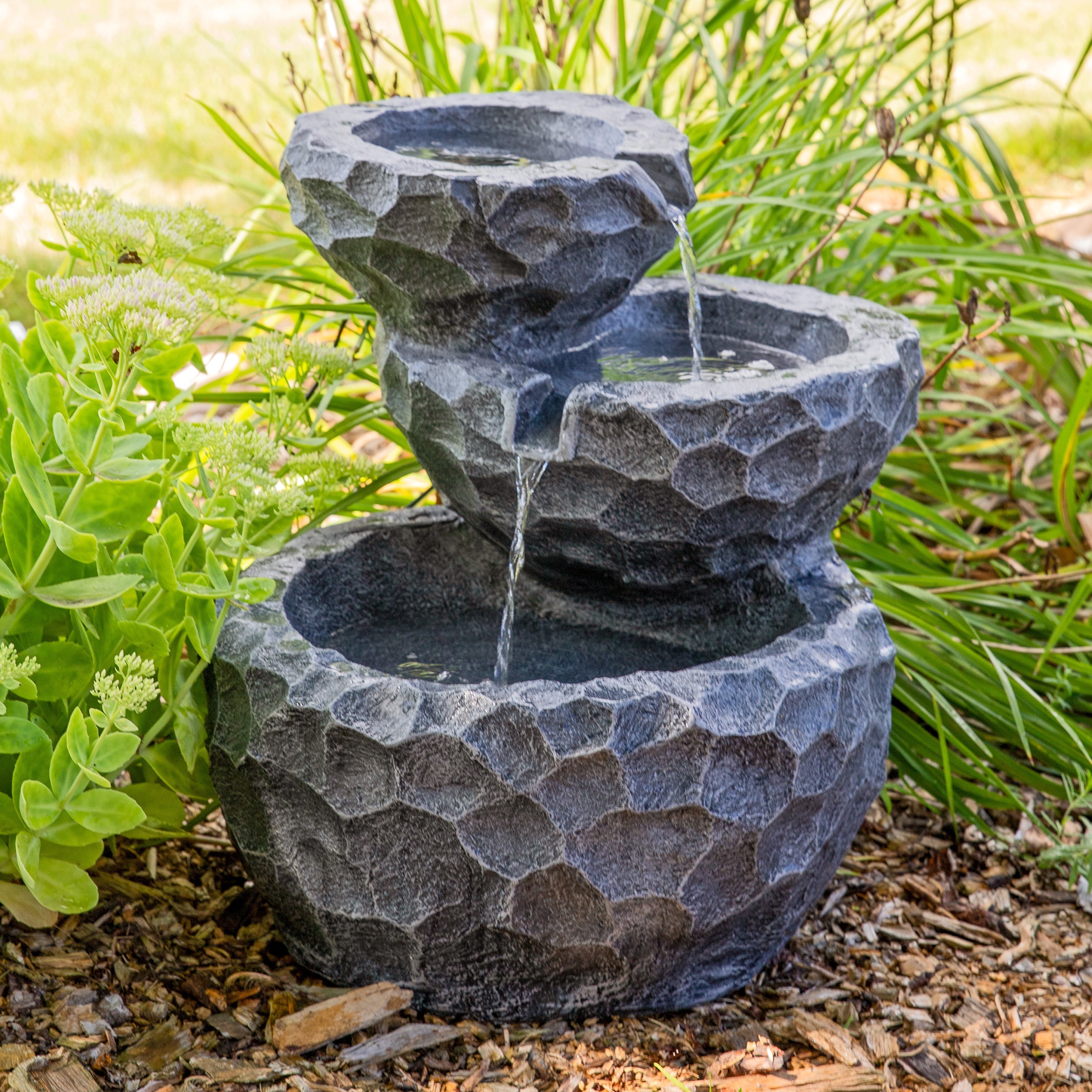 Sunnydaze 3-Tier Chiseled Basin Solar Powered Fountain for Garden, Patio, Yard or Balcony - Polyresin AMP-F834