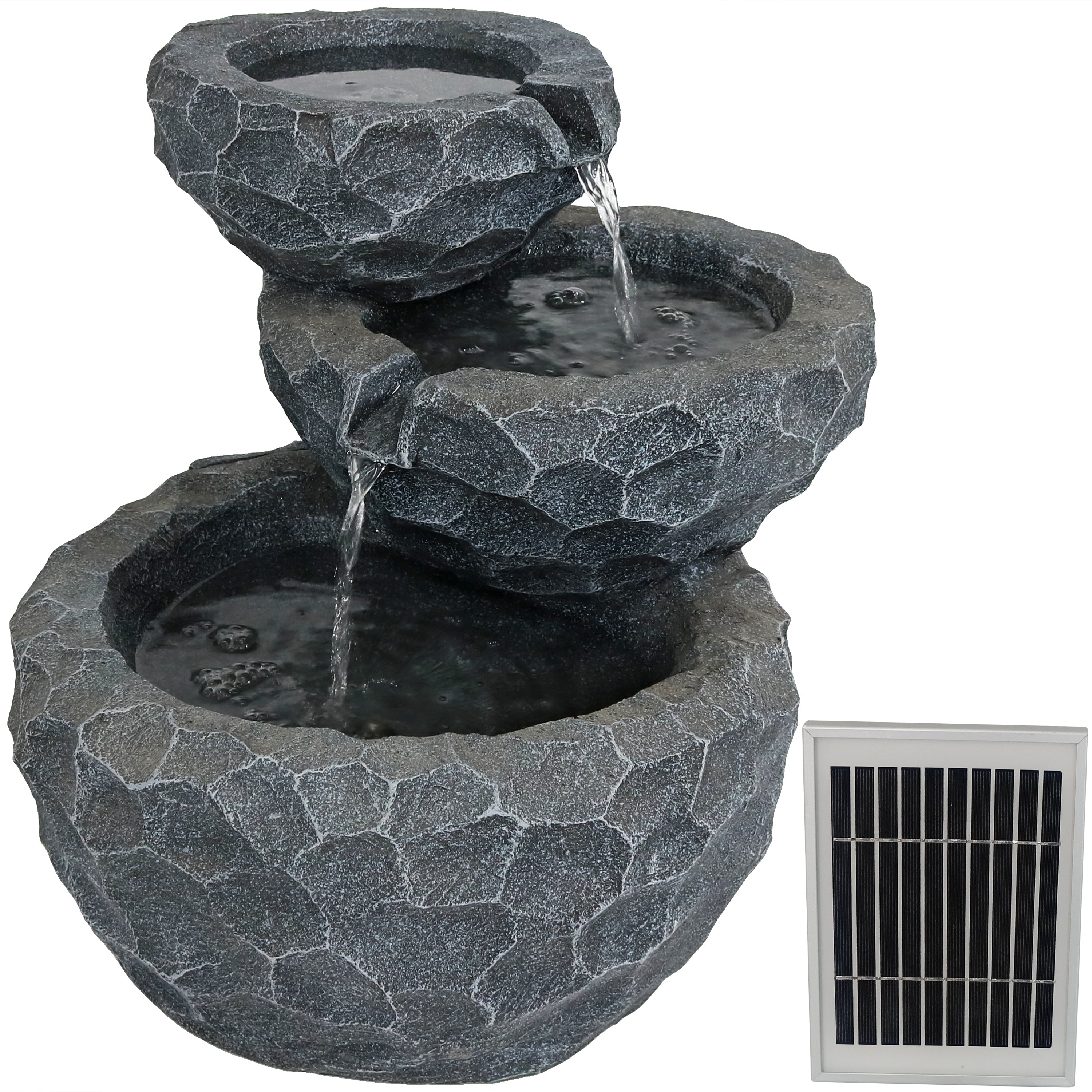 Sunnydaze 3-Tier Chiseled Basin Solar Powered Fountain for Garden, Patio, Yard or Balcony - Polyresin AMP-F834