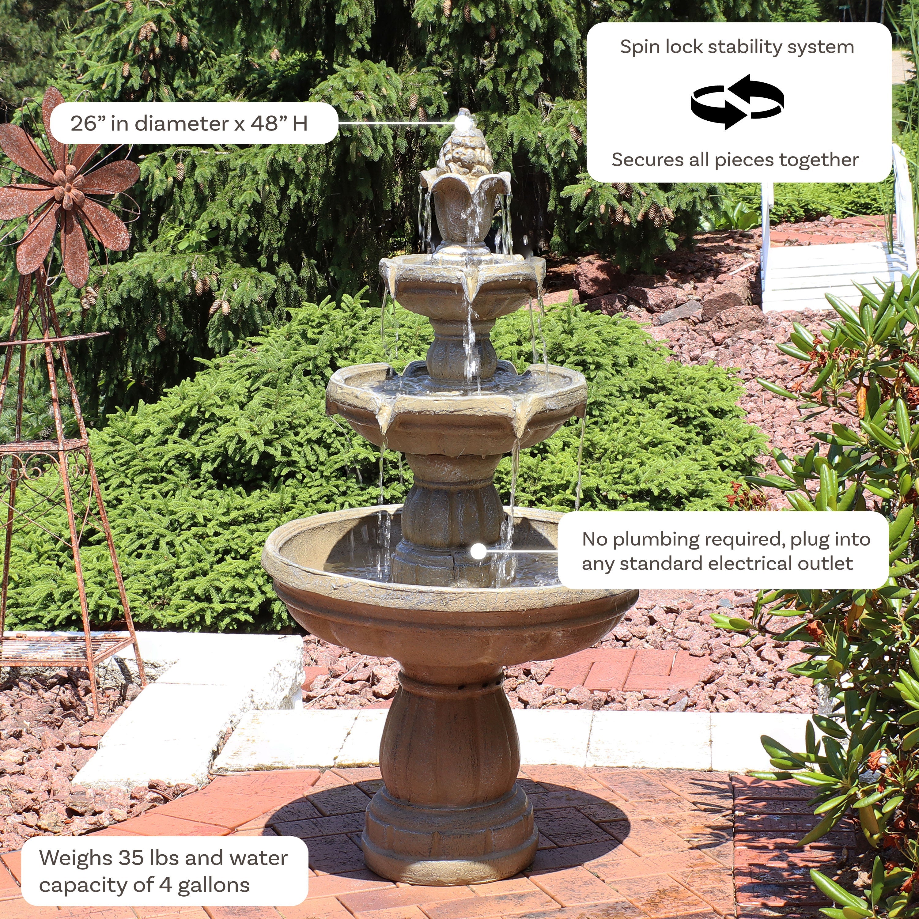 Sunnydaze 3-Tier Outdoor Water Fountain with Pump - 48" H FC-73688