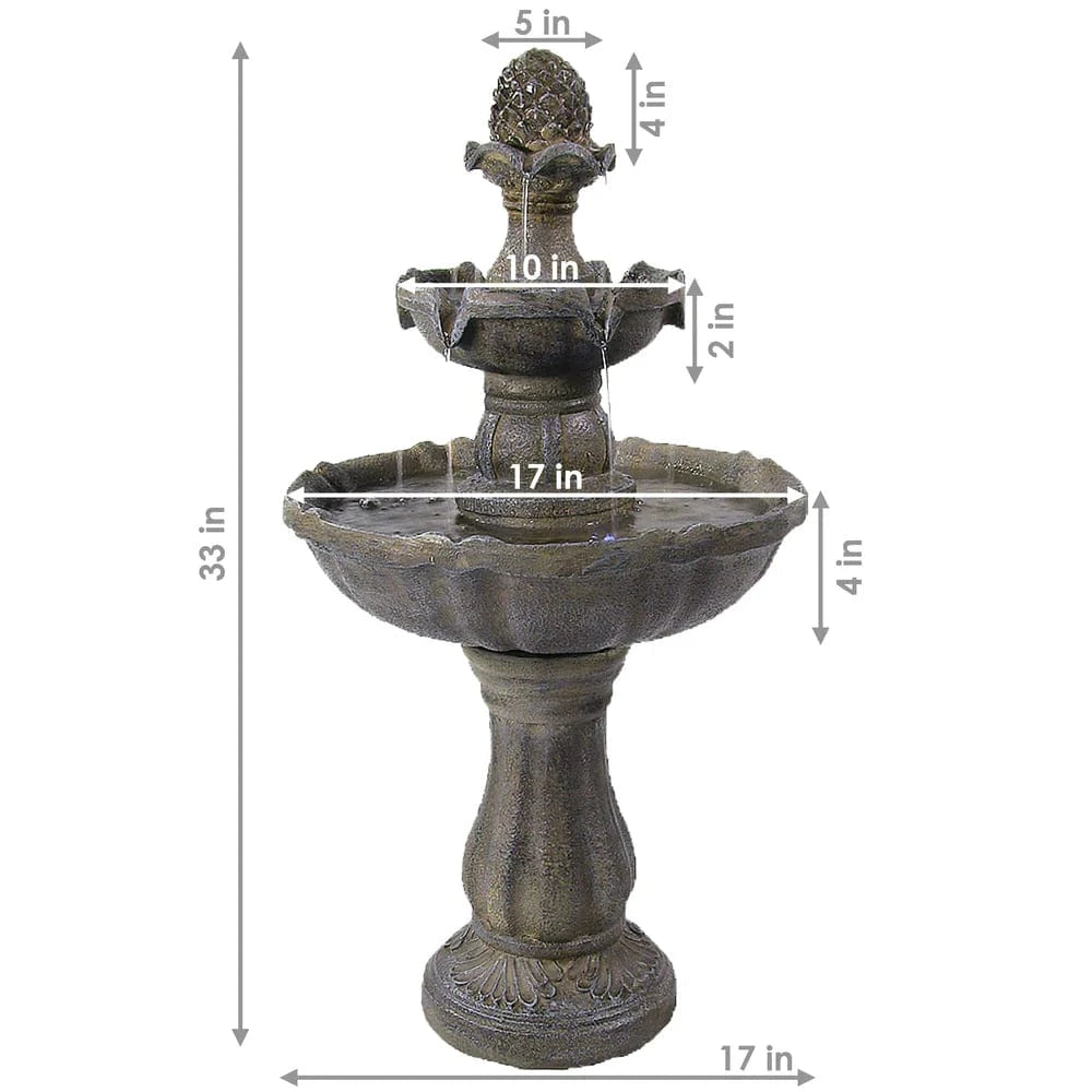 Sunnydaze 33" 2-Tier Pineapple Water Fountain Solar with Battery Backup Fountain SL-73082