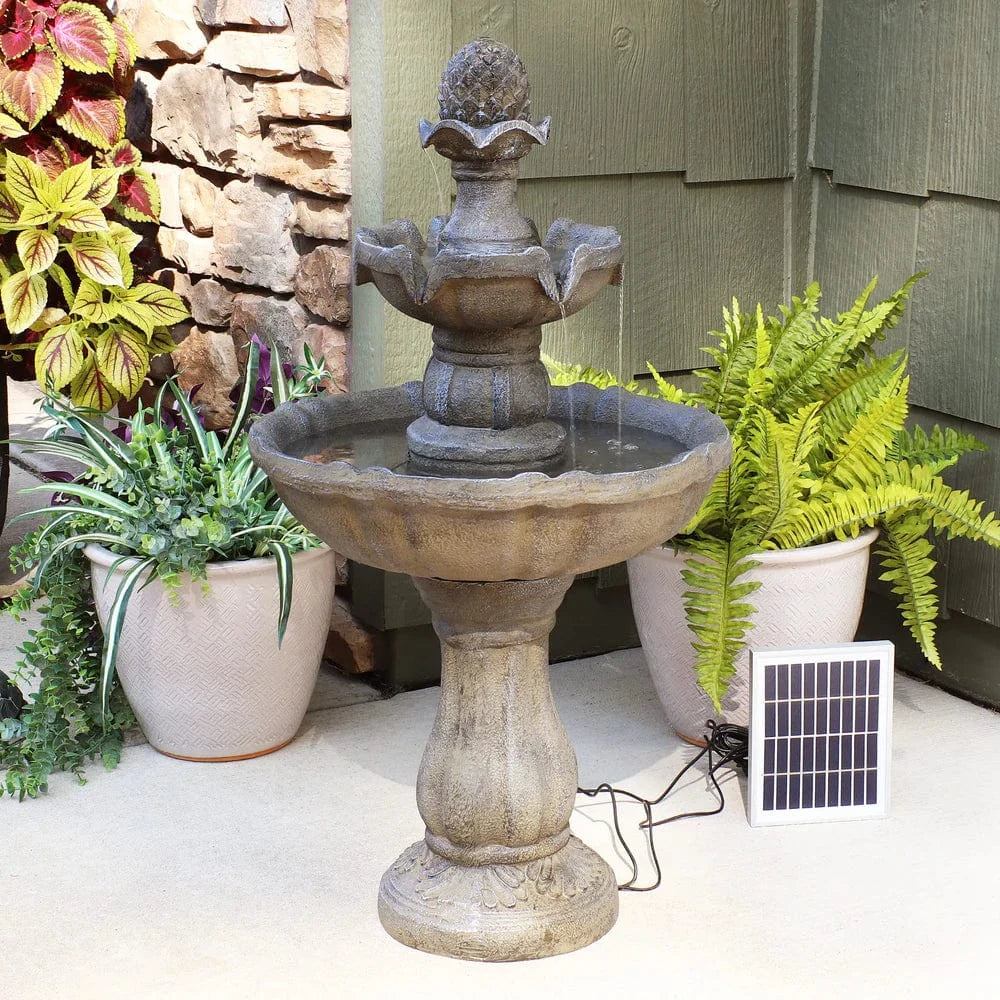 Sunnydaze 33" 2-Tier Pineapple Water Fountain Solar with Battery Backup Fountain SL-73082