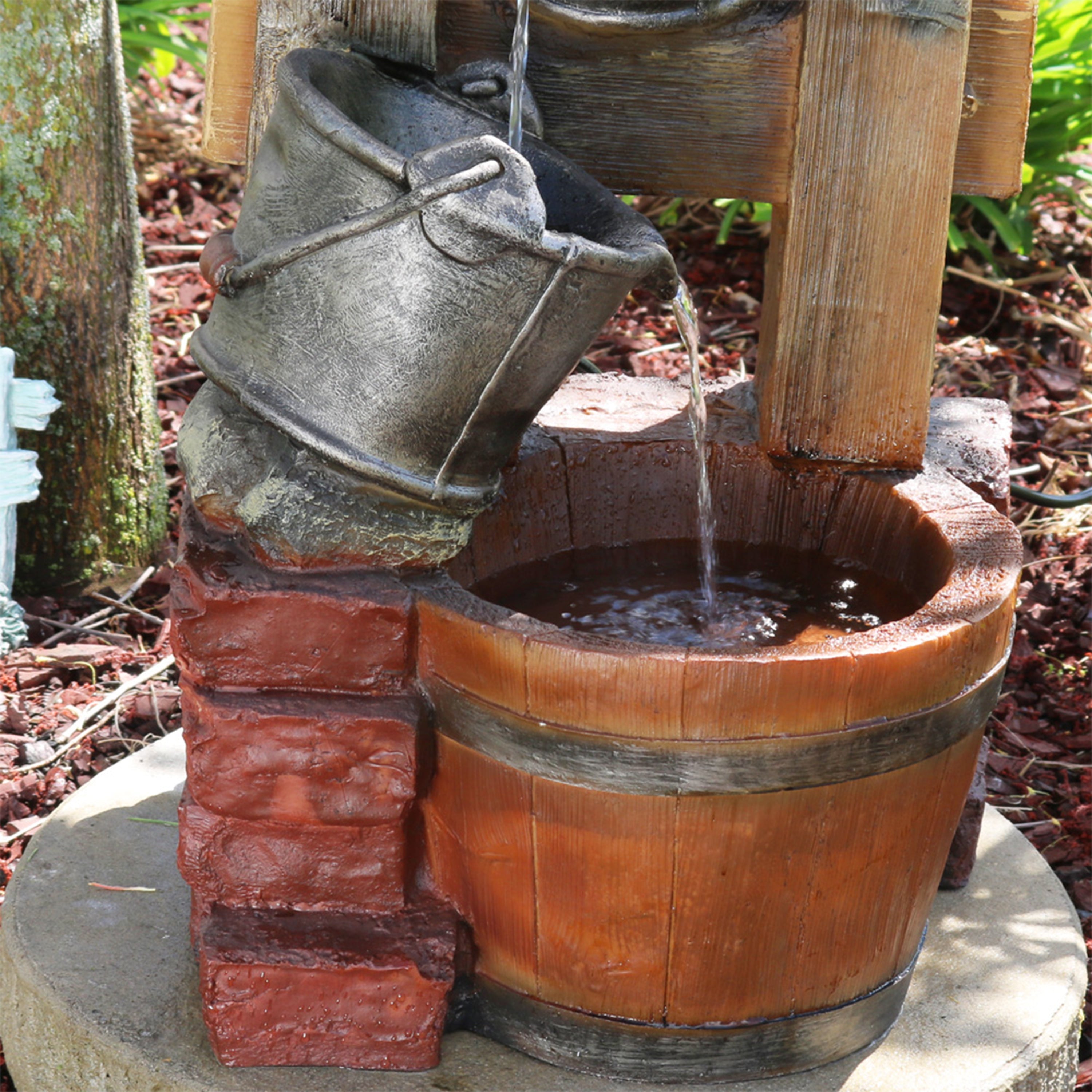 Sunnydaze 34" Rustic Pouring Buckets Outdoor Fountain with Solar Lantern WNC-382