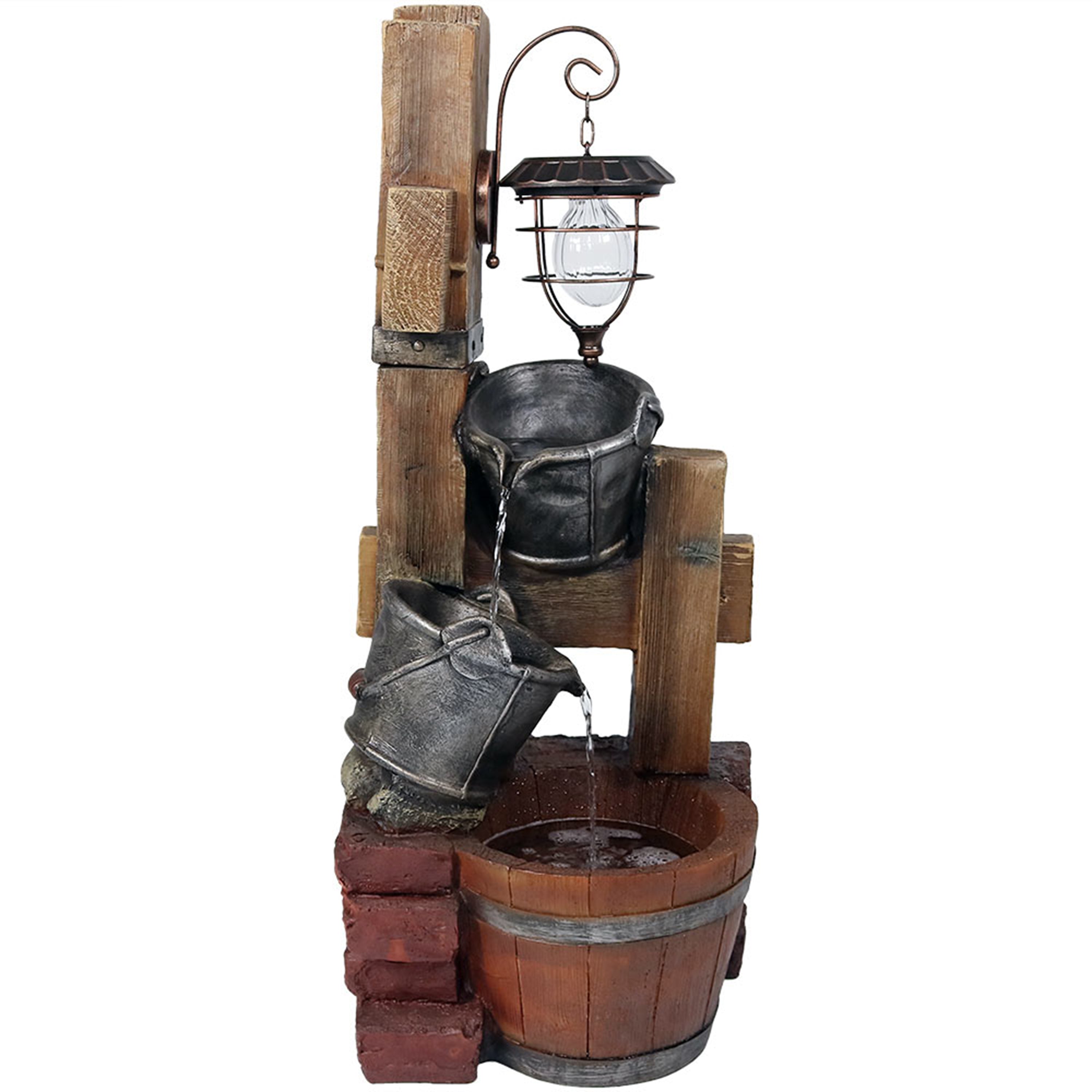 Sunnydaze 34" Rustic Pouring Buckets Outdoor Fountain with Solar Lantern WNC-382