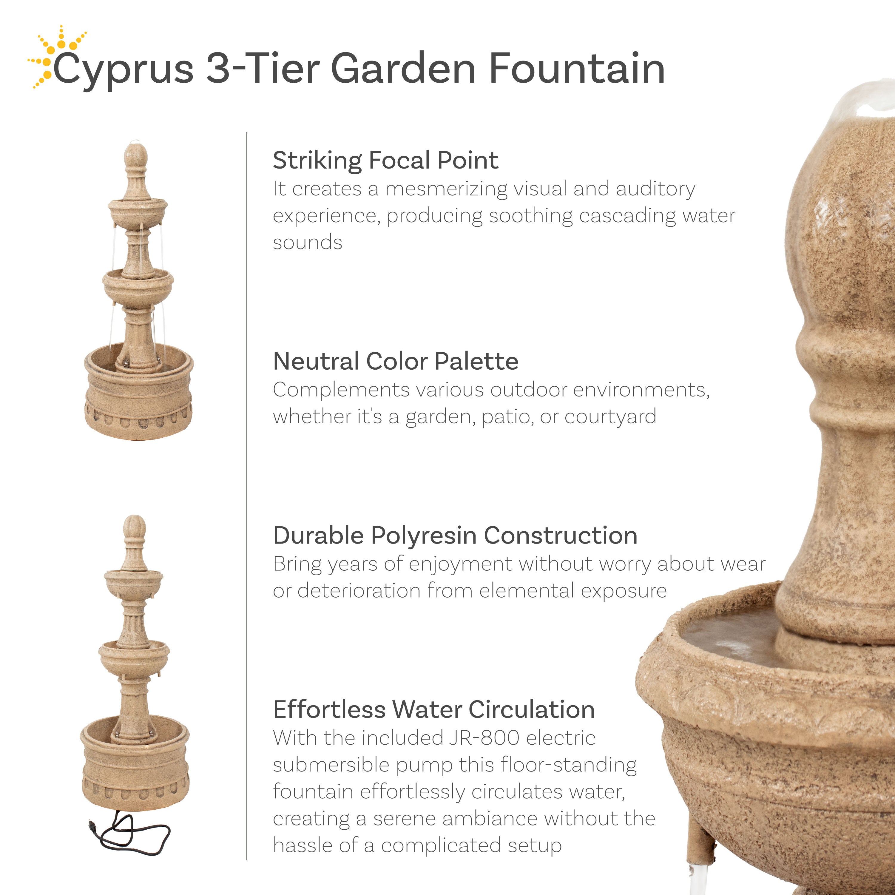 Sunnydaze 39" H Cyprus 3-Tier Polyresin Outdoor Water Fountain