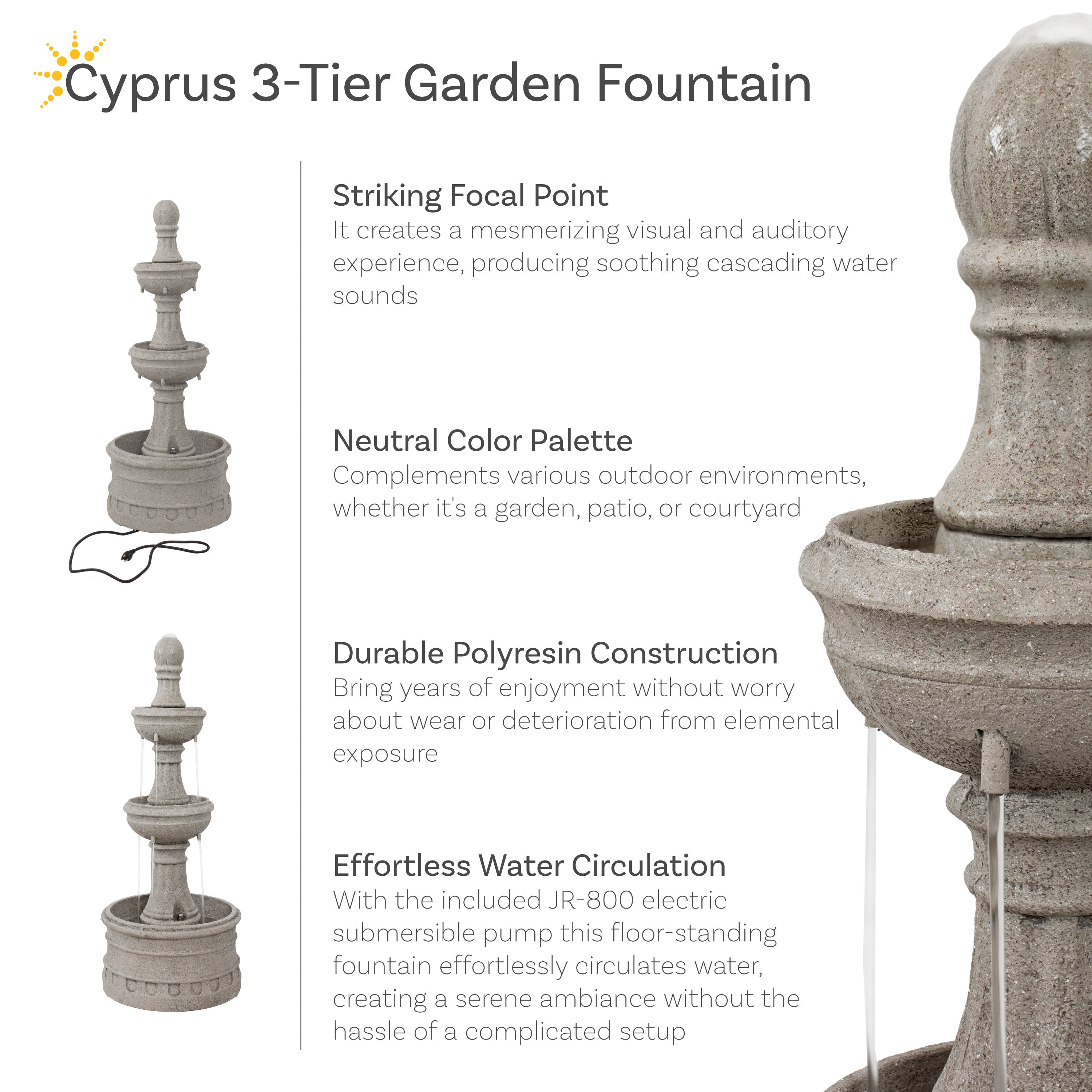 Sunnydaze 39" H Cyprus 3-Tier Polyresin Outdoor Water Fountain