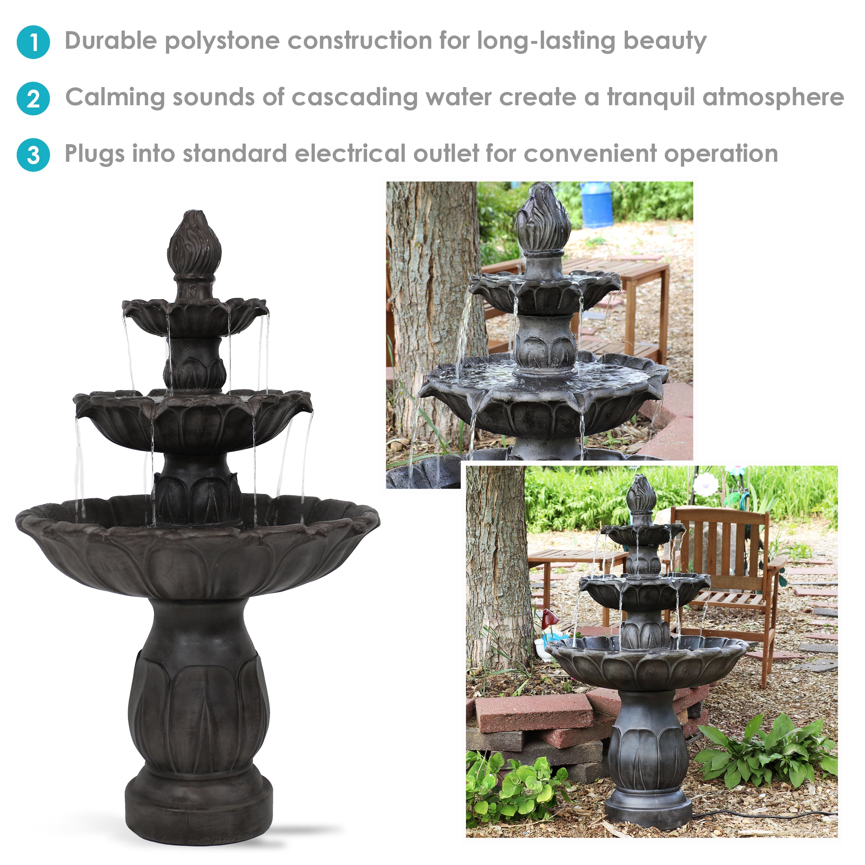 Sunnydaze 46" Classic Tulip 3-Tier Electric Water Fountain