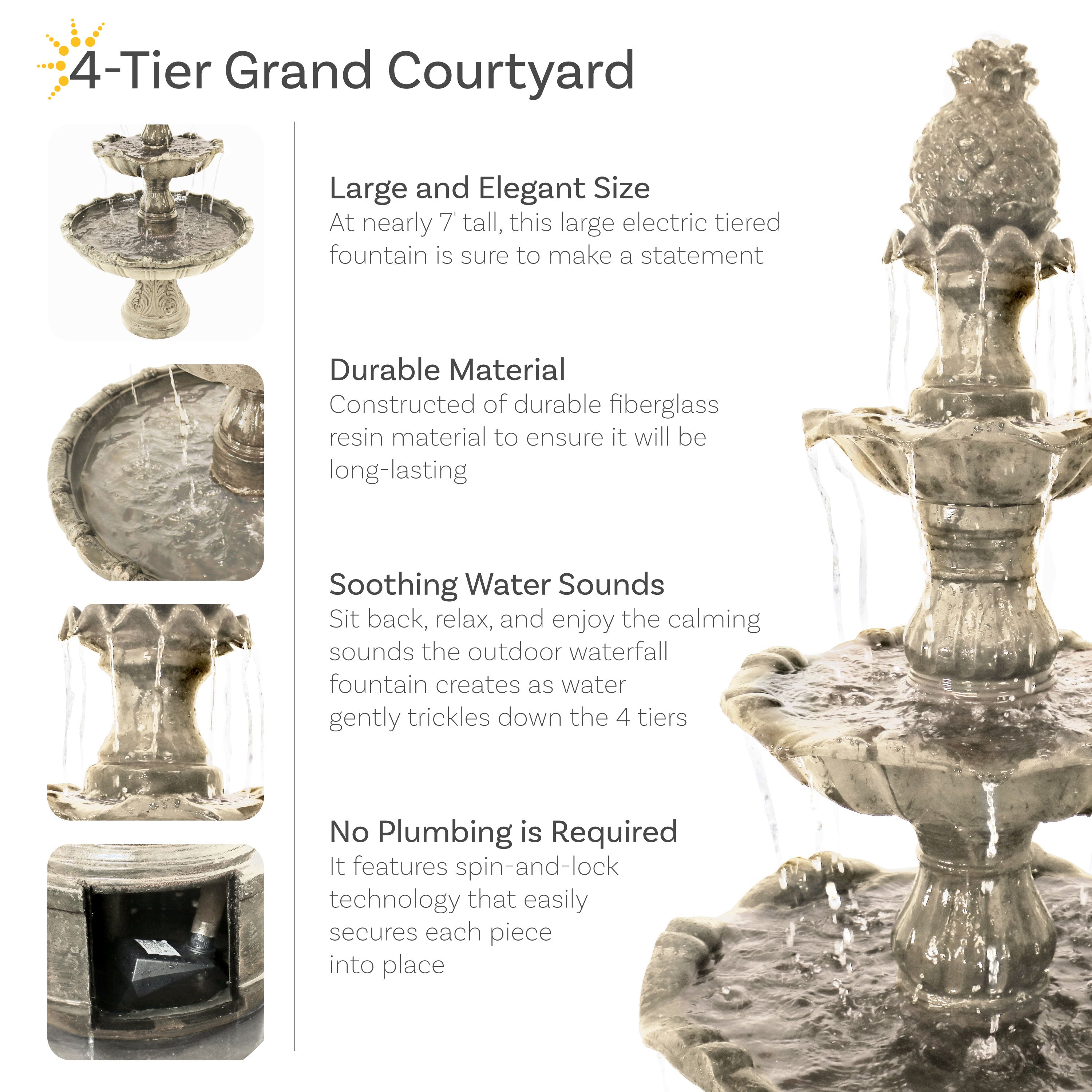 Sunnydaze 80" H 4-Tier Grand Courtyard Outdoor Water Fountain