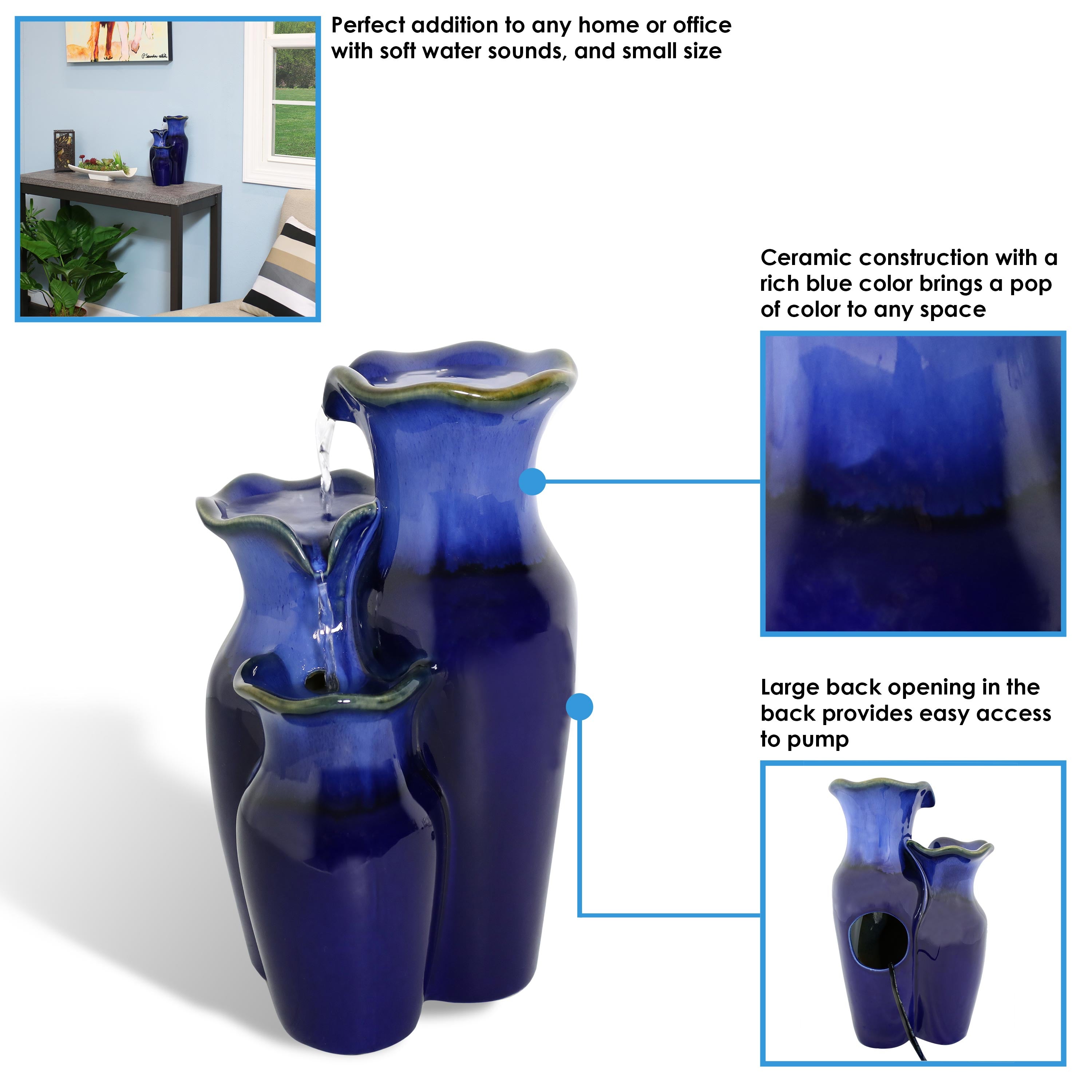 Sunnydaze Blue Glazed Pitchers 11" Ceramic Tabletop Fountain SSS-478