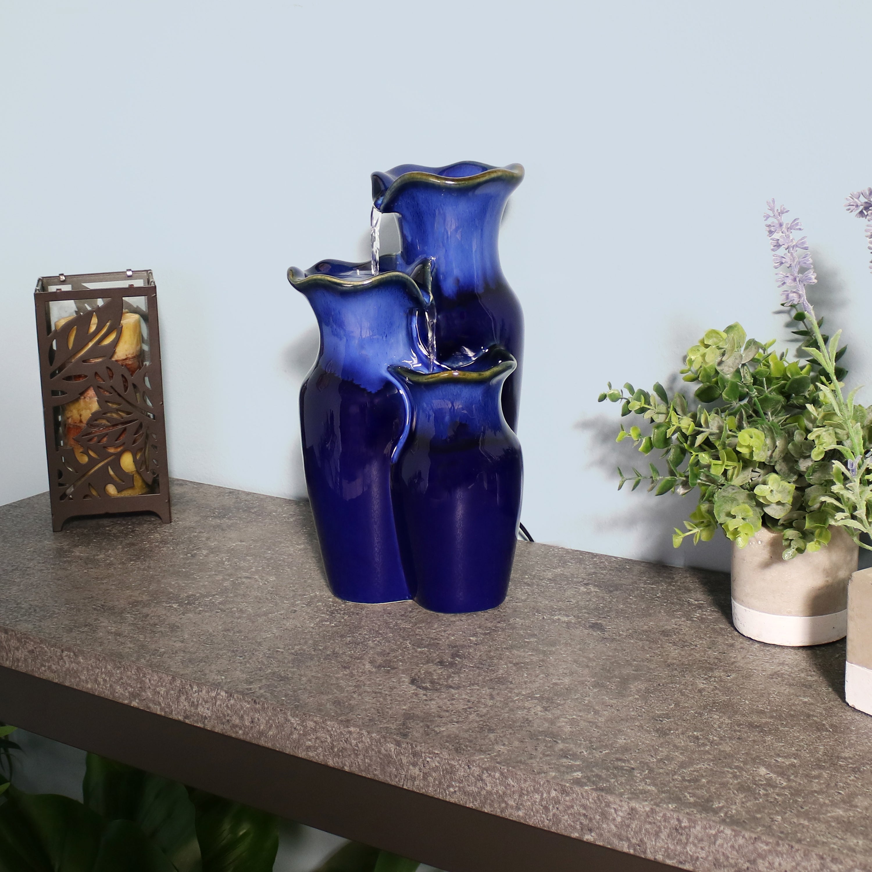 Sunnydaze Blue Glazed Pitchers 11" Ceramic Tabletop Fountain SSS-478