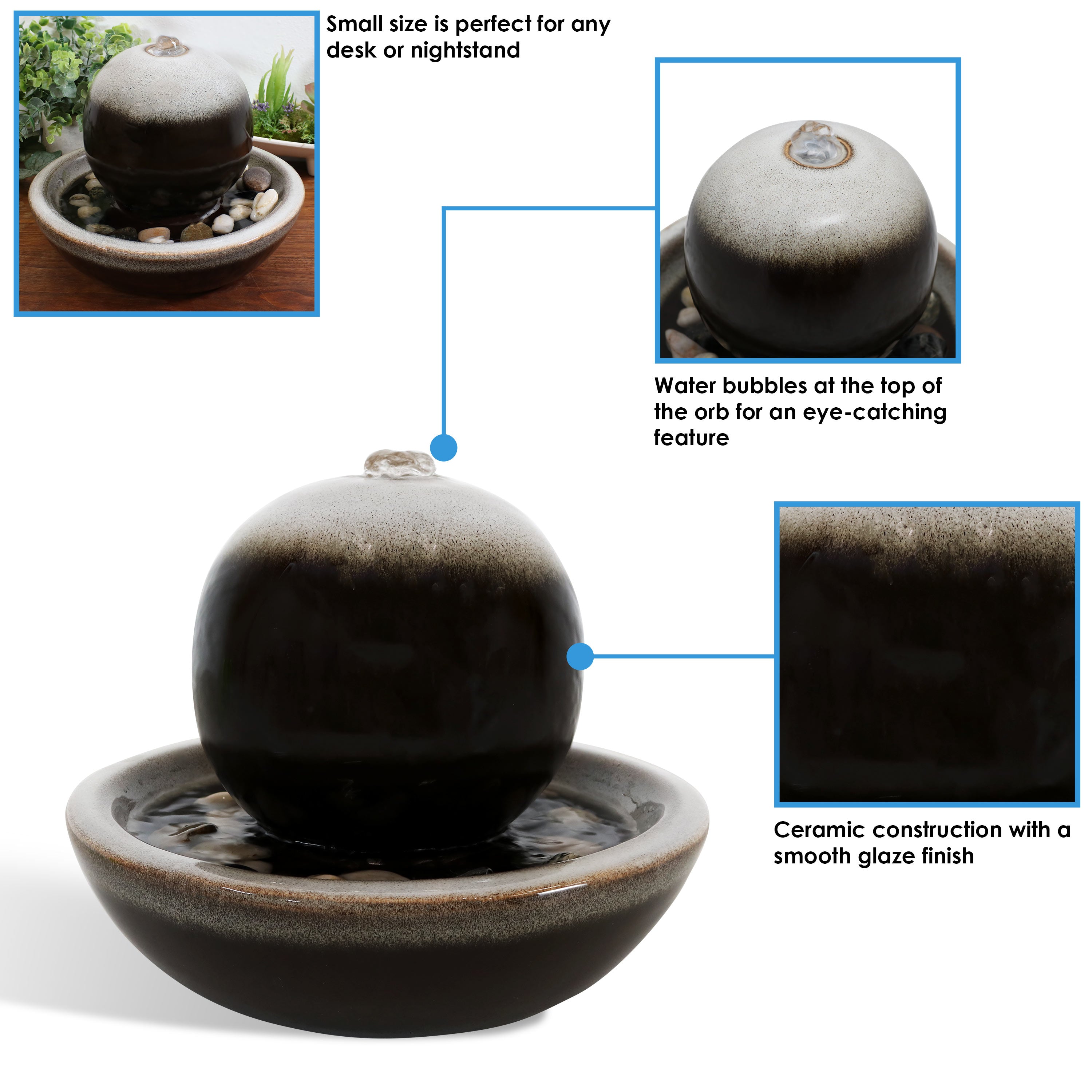 Sunnydaze Ceramic Tabletop 7" Water Fountain with Modern Orb Design SSS-412