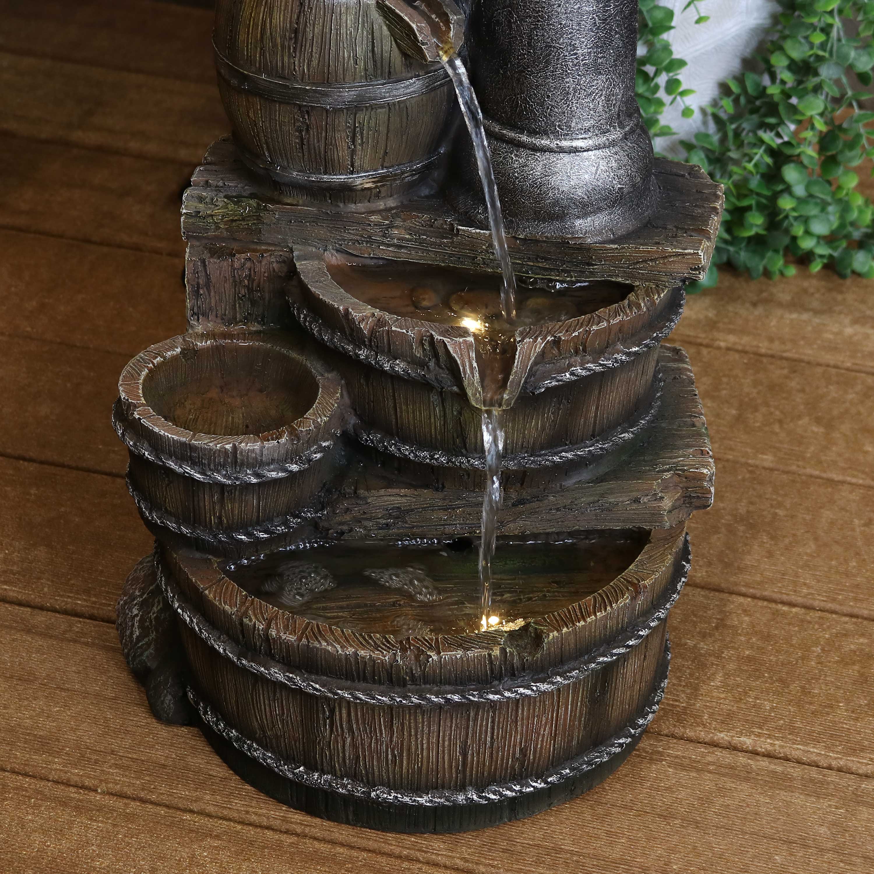 Sunnydaze Cozy Farmhouse Pump and Barrels Outdoor Fountain with Lights XSS-424