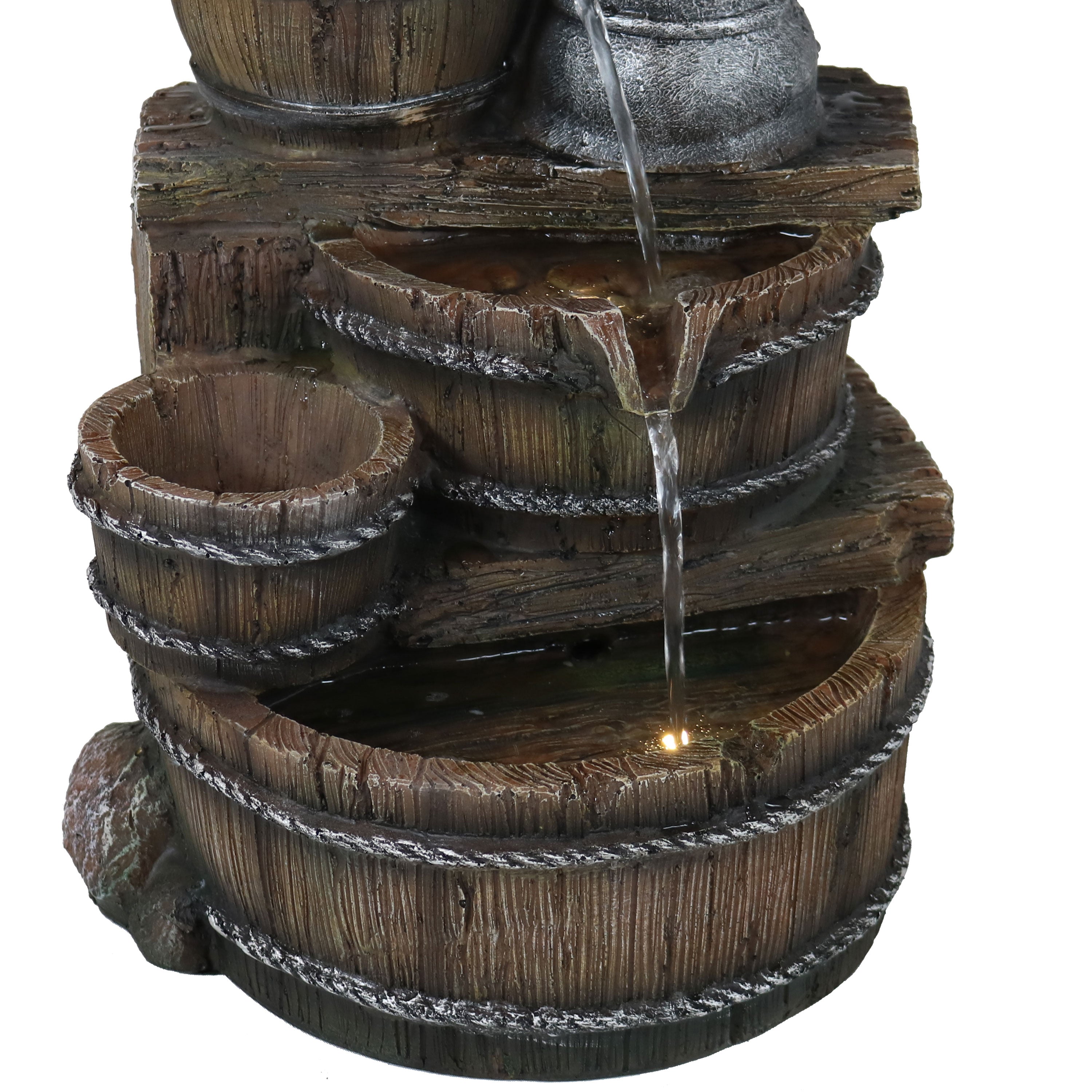 Sunnydaze Cozy Farmhouse Pump and Barrels Outdoor Fountain with Lights XSS-424