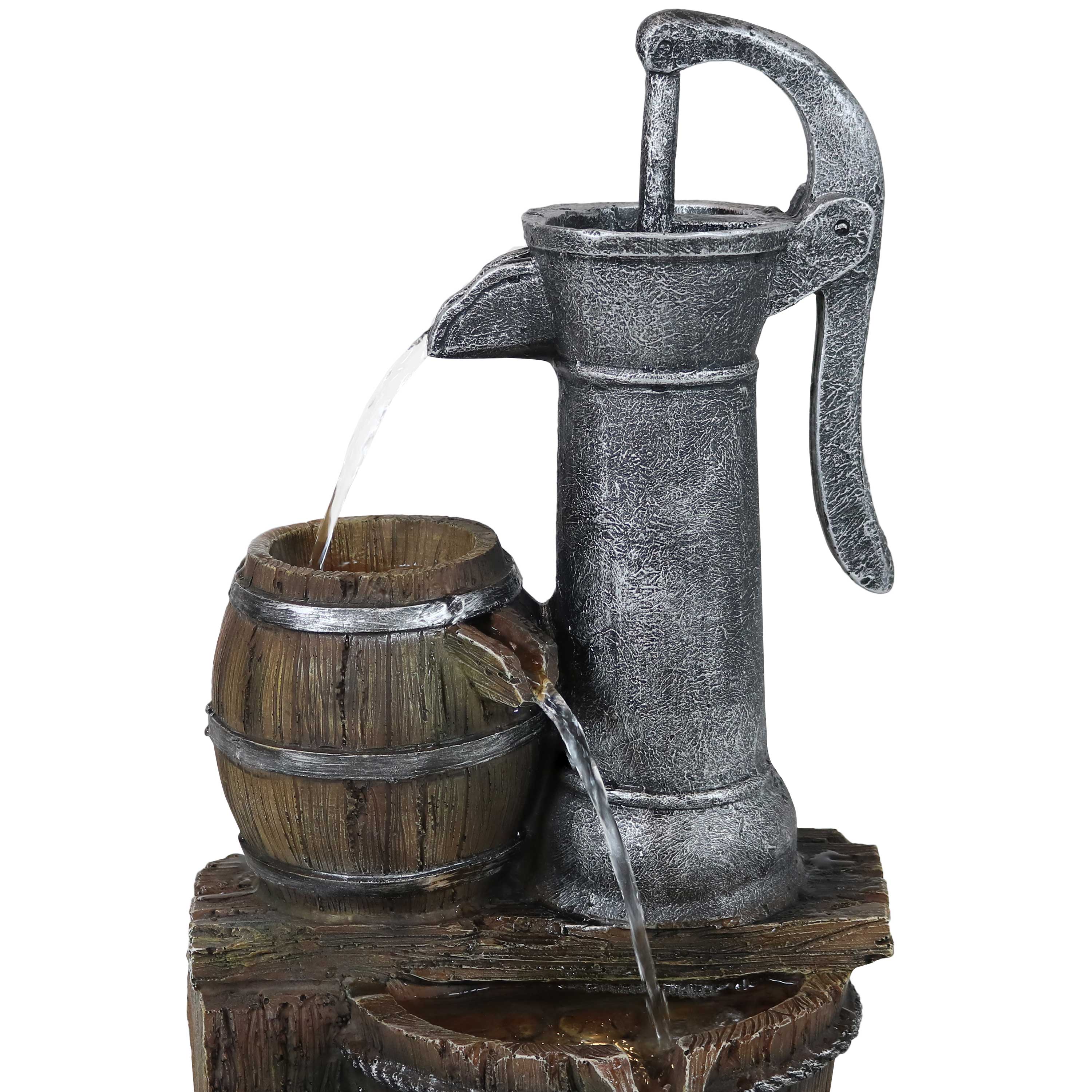 Sunnydaze Cozy Farmhouse Pump and Barrels Outdoor Fountain with Lights XSS-424