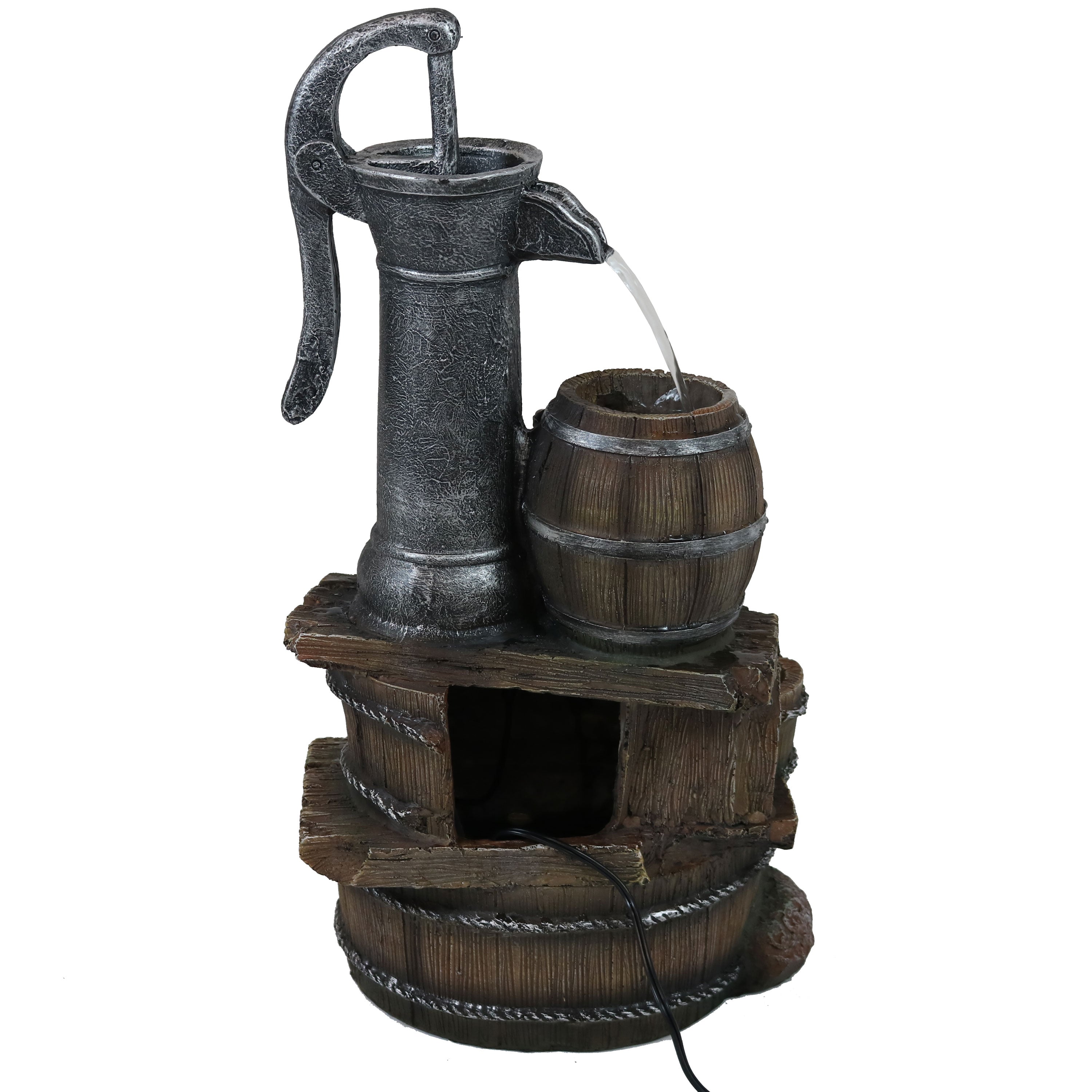 Sunnydaze Cozy Farmhouse Pump and Barrels Outdoor Fountain with Lights XSS-424