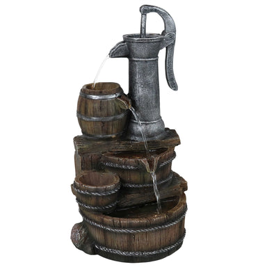 Sunnydaze Cozy Farmhouse Pump and Barrels Outdoor Fountain with Lights XSS-424