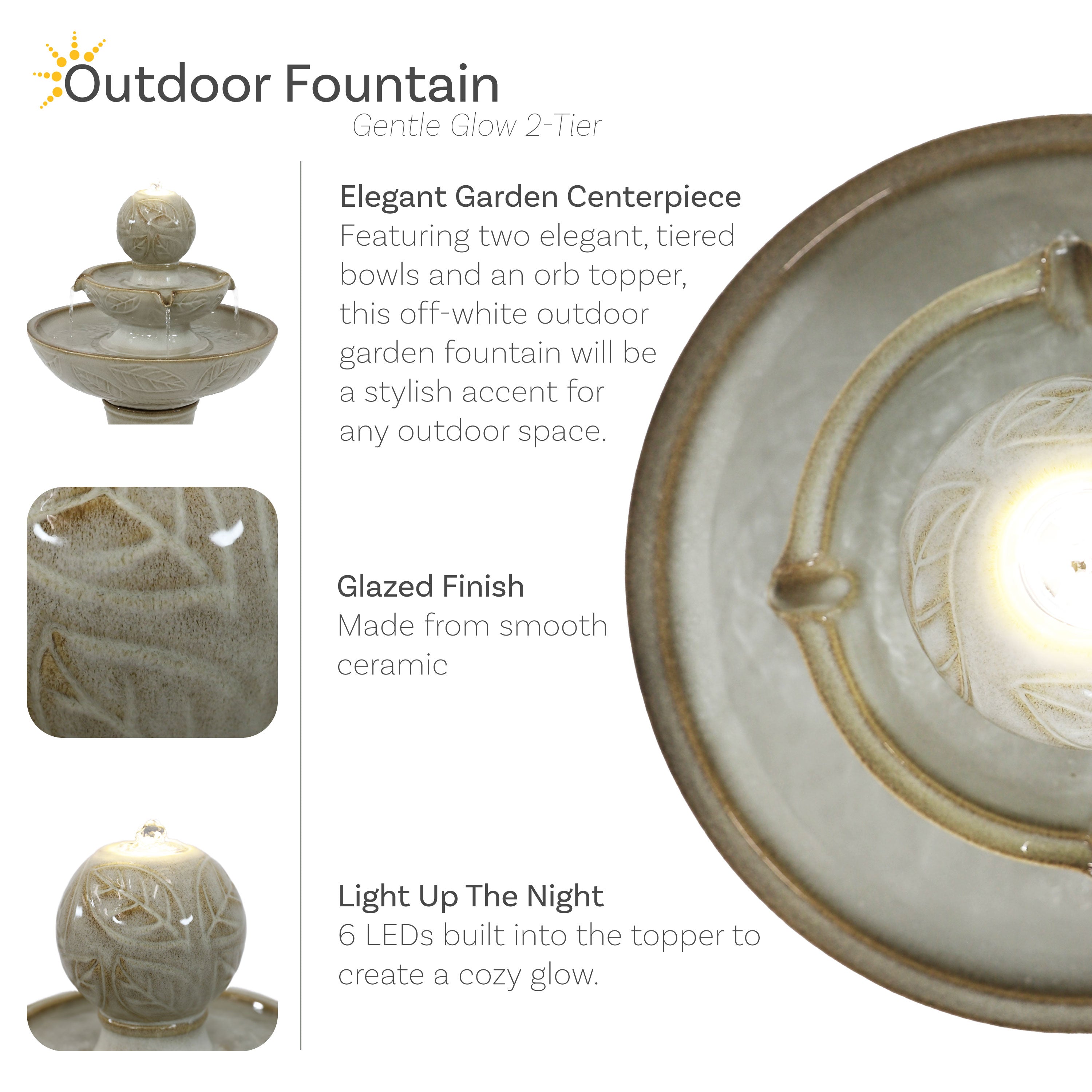 Sunnydaze Gentle Glow 2-Tier Ceramic Outdoor Fountain with LED Lights SSS-5821