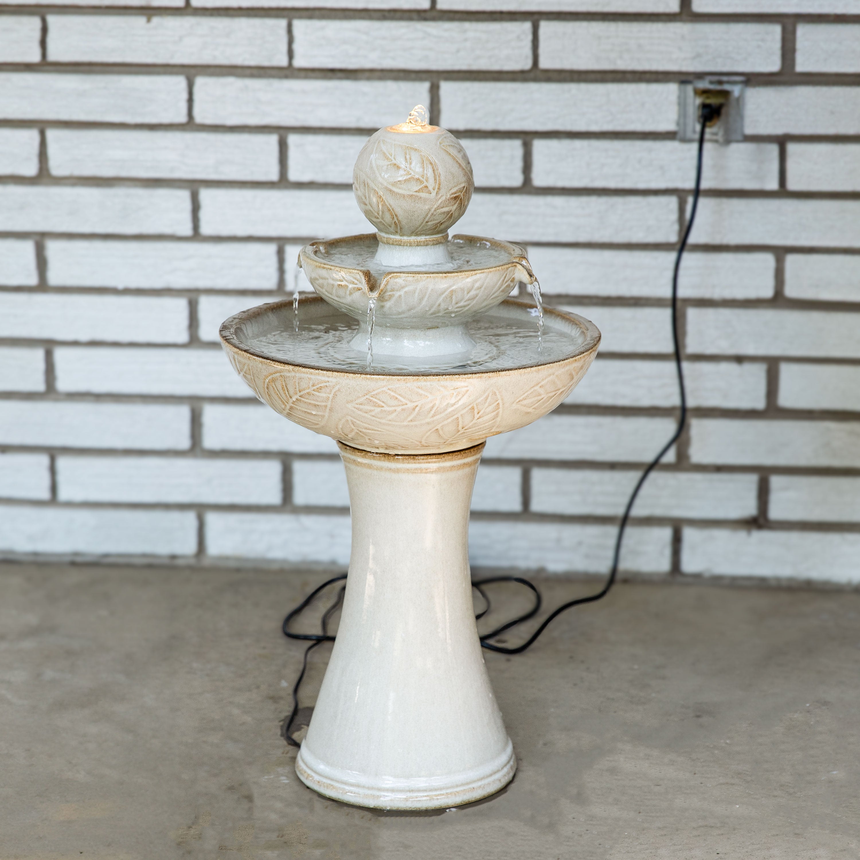 Sunnydaze Gentle Glow 2-Tier Ceramic Outdoor Fountain with LED Lights SSS-5821
