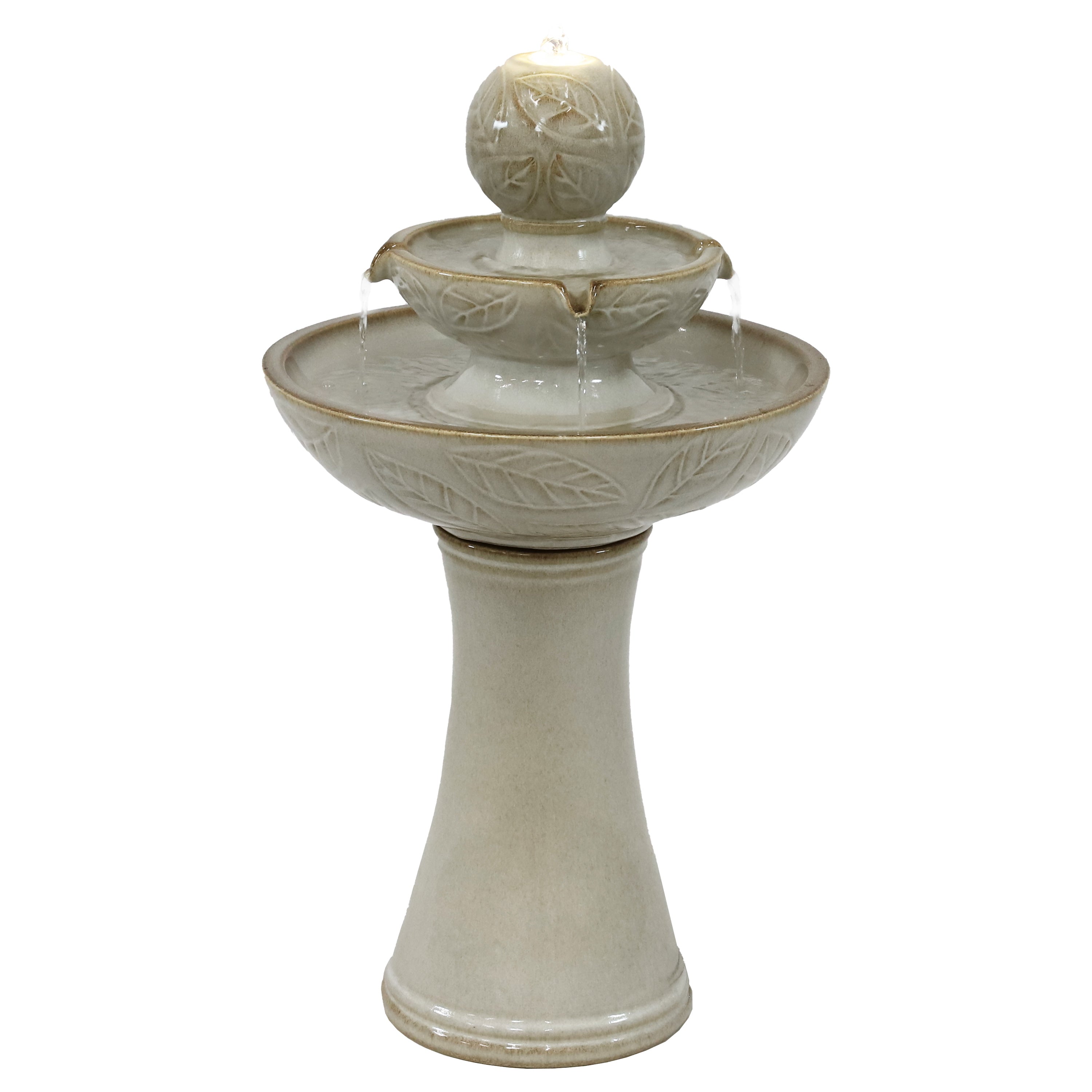 Sunnydaze Gentle Glow 2-Tier Ceramic Outdoor Fountain with LED Lights SSS-5821