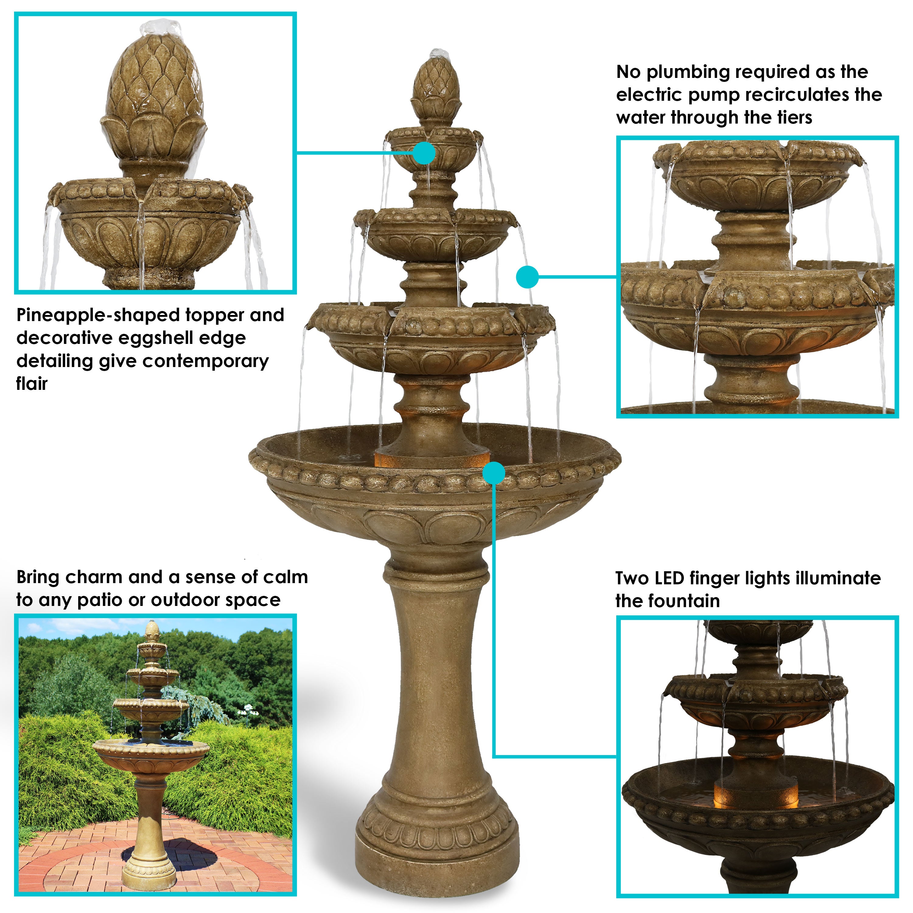 Sunnydaze Large 4-Tier Outdoor Water Fountain with LED Light - 65" GSI-781