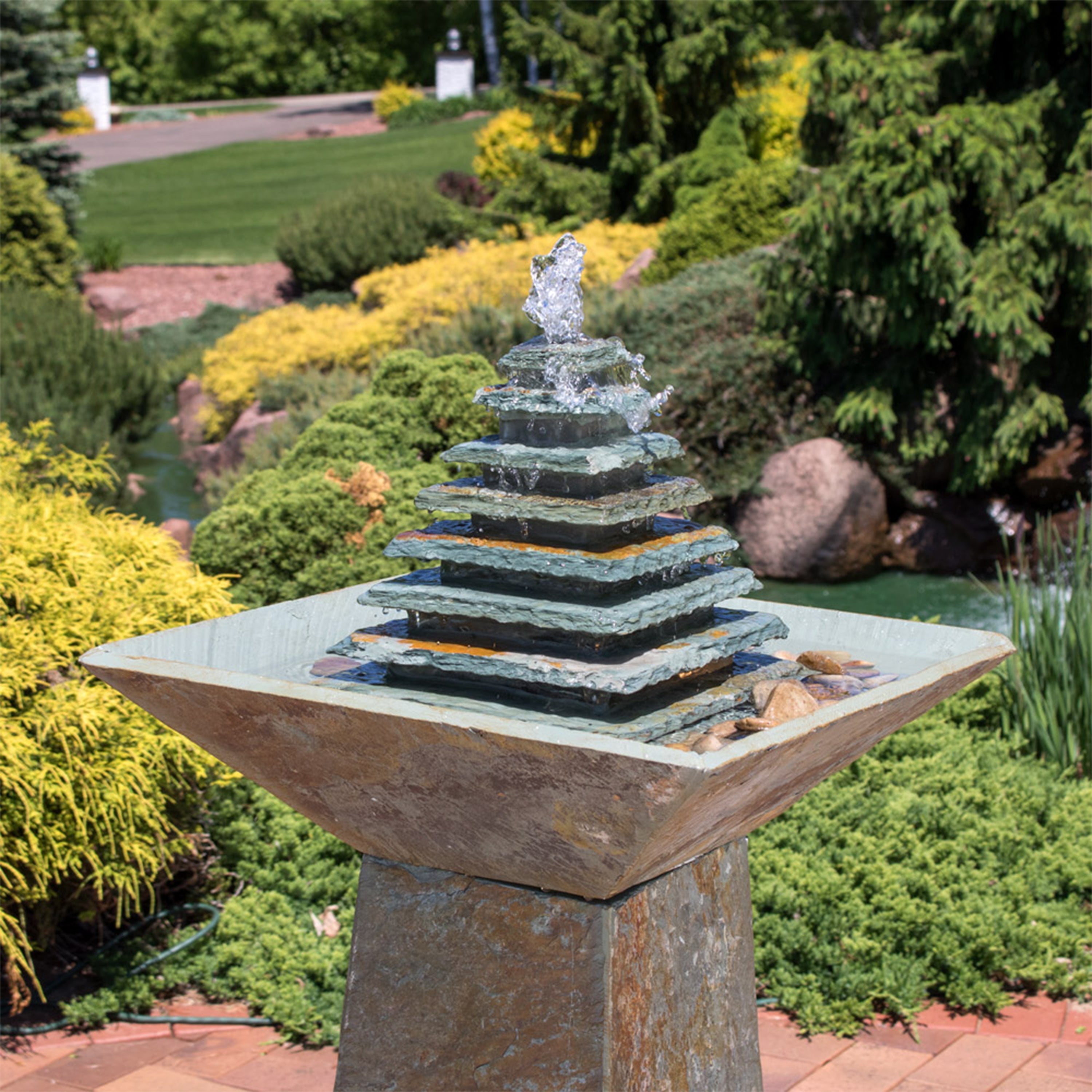 Sunnydaze Layered Pyramid Slate Outdoor Fountain with LED Light - 40" GSI-798