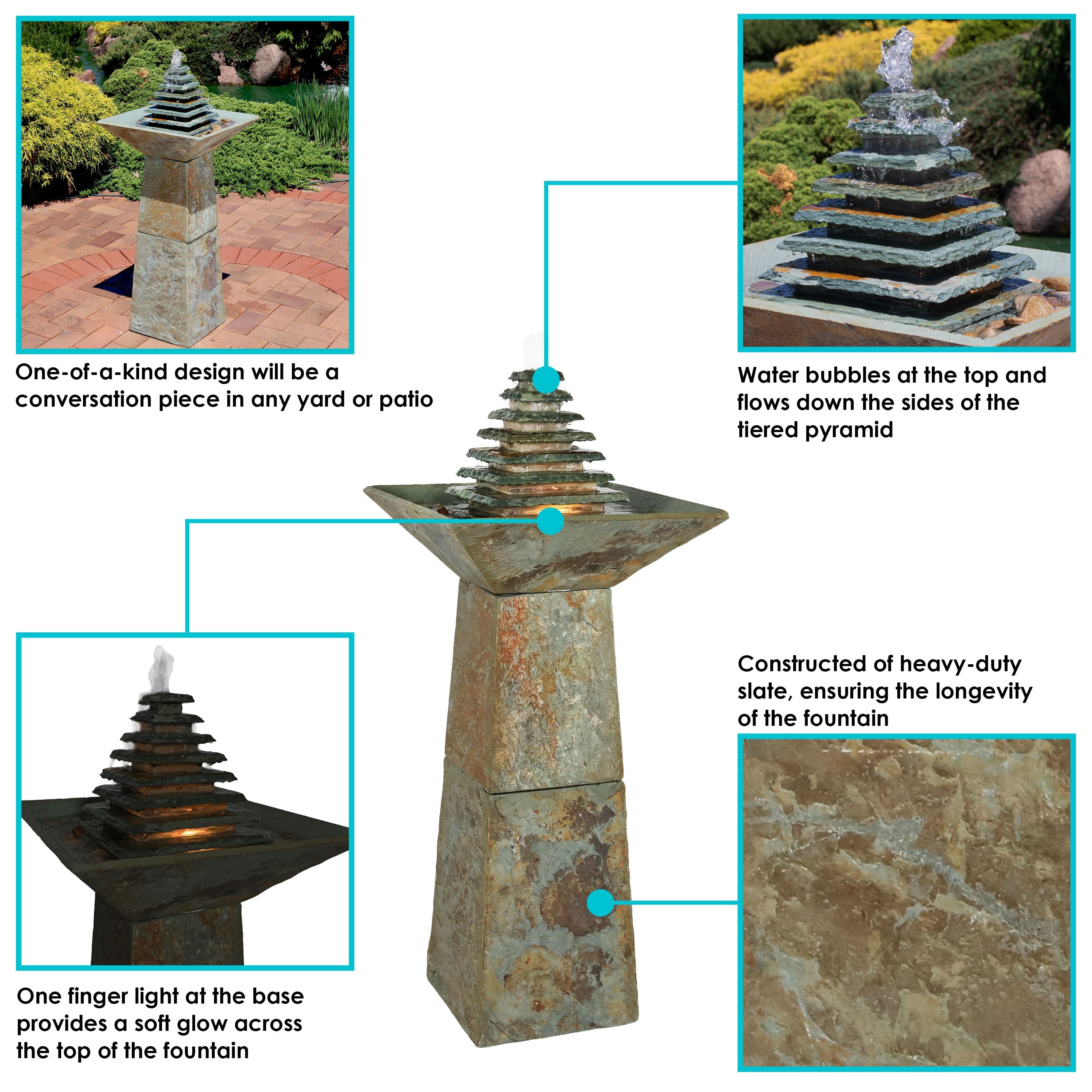 Sunnydaze Layered Pyramid Slate Outdoor Fountain with LED Light - 40" GSI-798