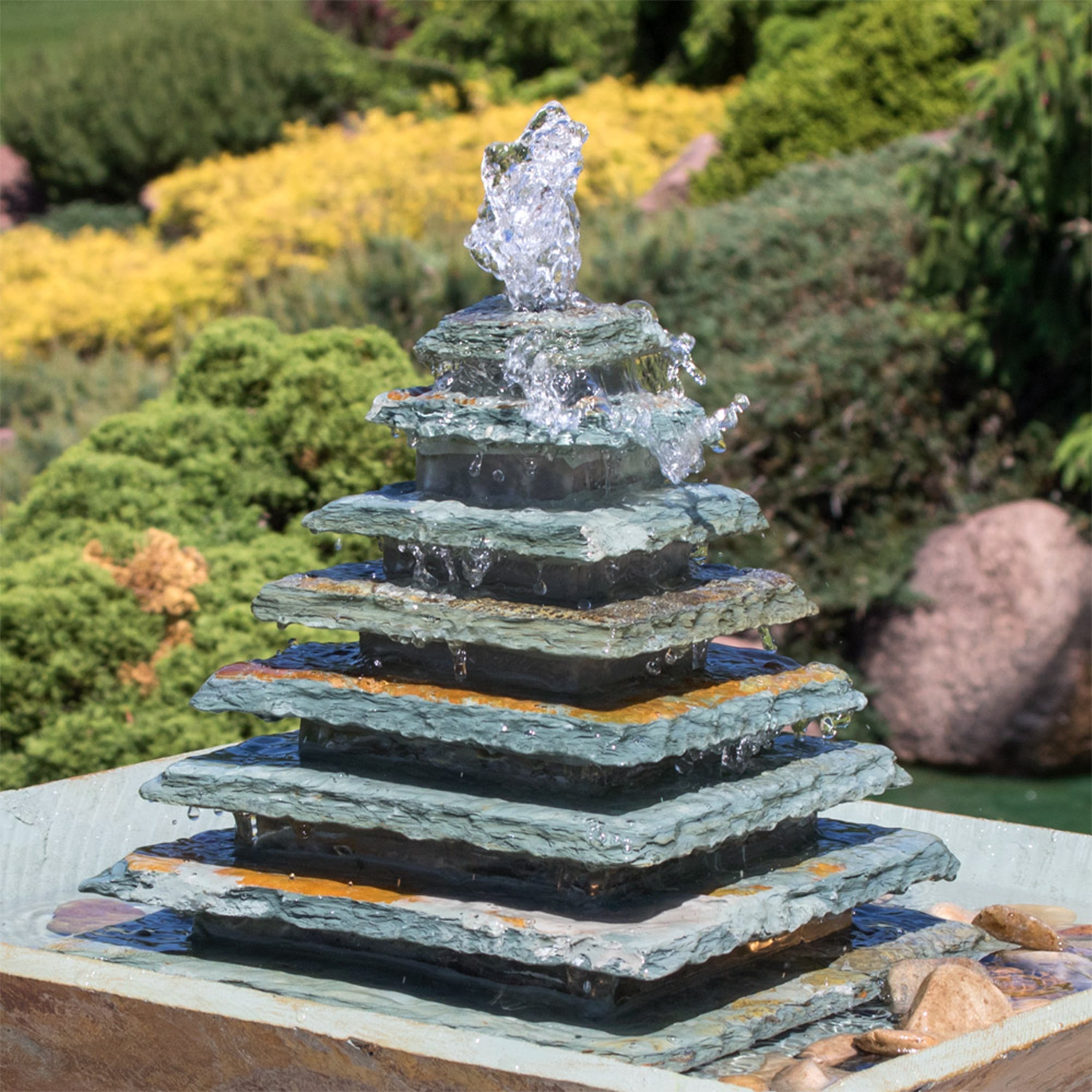 Sunnydaze Layered Pyramid Slate Outdoor Fountain with LED Light - 40" GSI-798