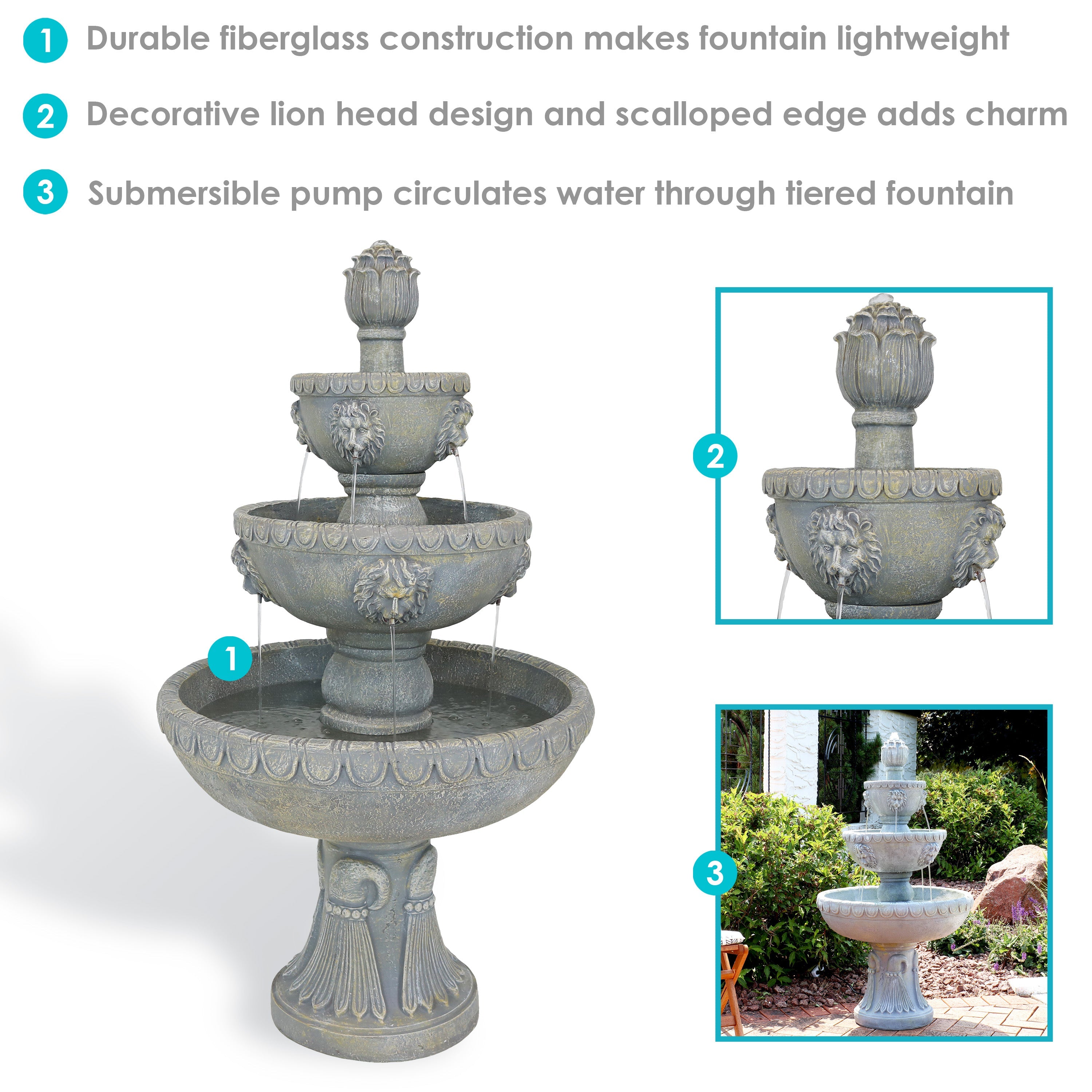Sunnydaze Lion Head 3-Tier Outdoor Water Fountain with Electric Pump 73905-FC