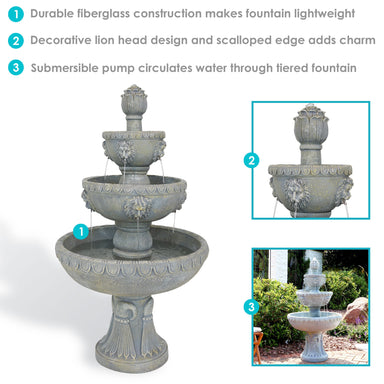 Sunnydaze Lion Head 3-Tier Outdoor Water Fountain with Electric Pump 73905-FC
