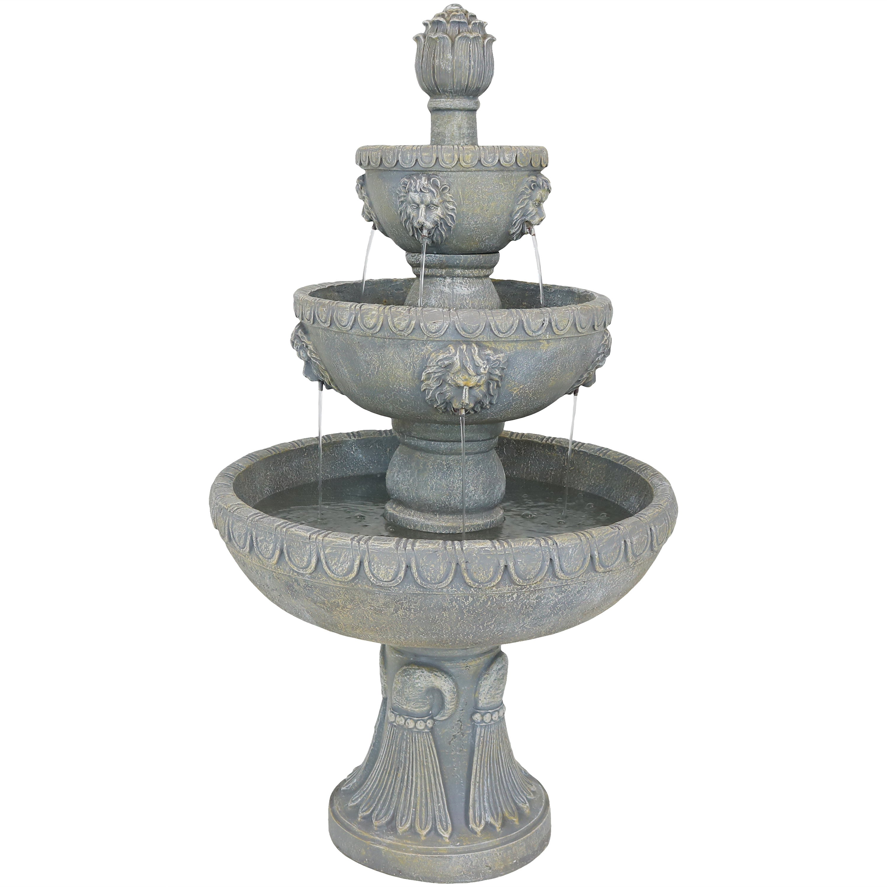 Sunnydaze Lion Head 3-Tier Outdoor Water Fountain with Electric Pump 73905-FC
