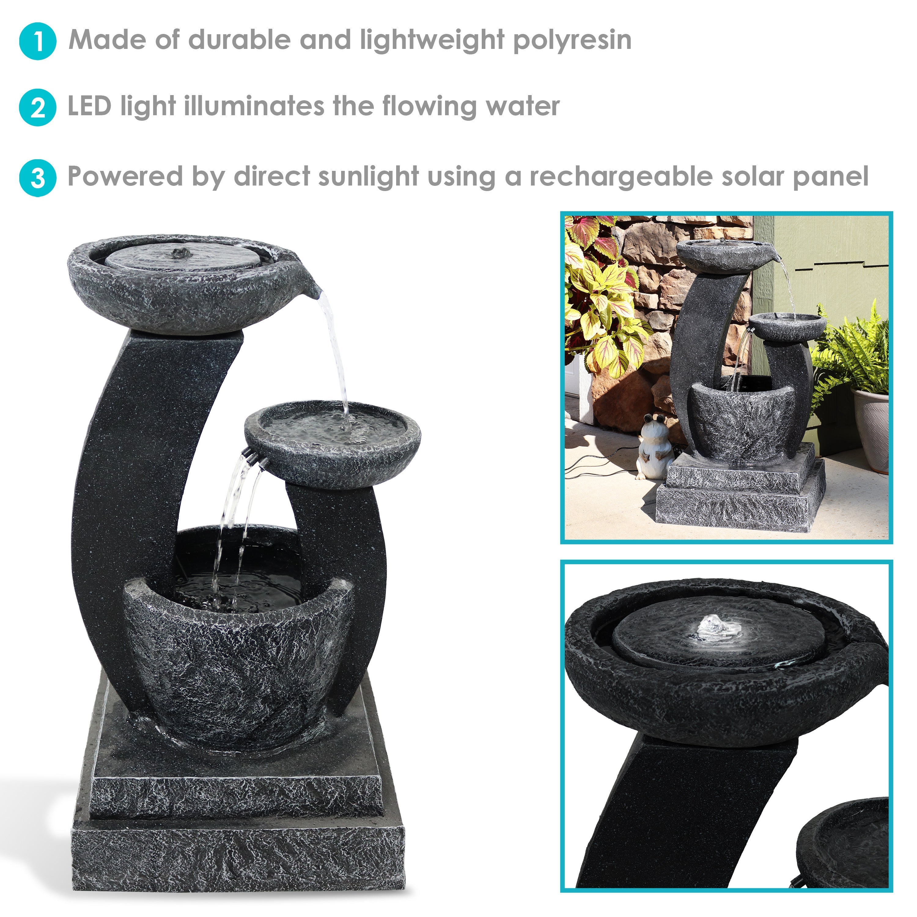 Sunnydaze Modern Cascading Bowls Solar Fountain with Battery Backup AMP-F913B
