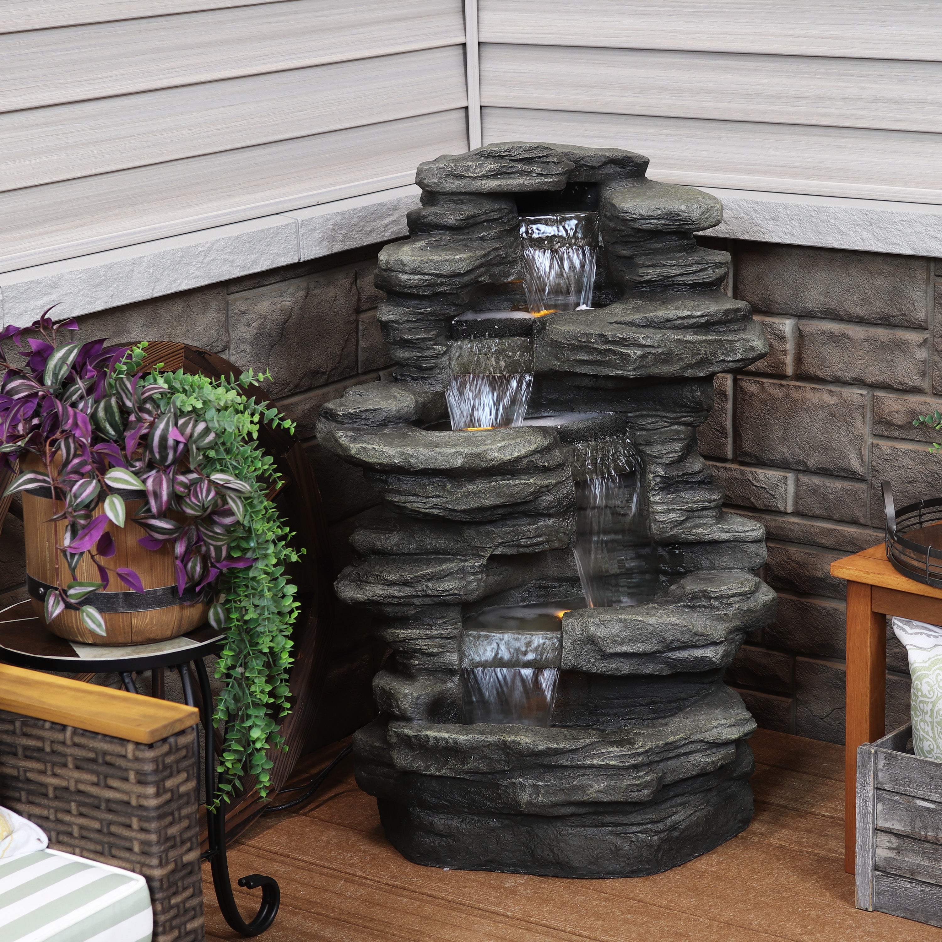 Sunnydaze Stacked Shale Outdoor Rock Waterfall Fountain with LED Lights - 38" DW-96023
