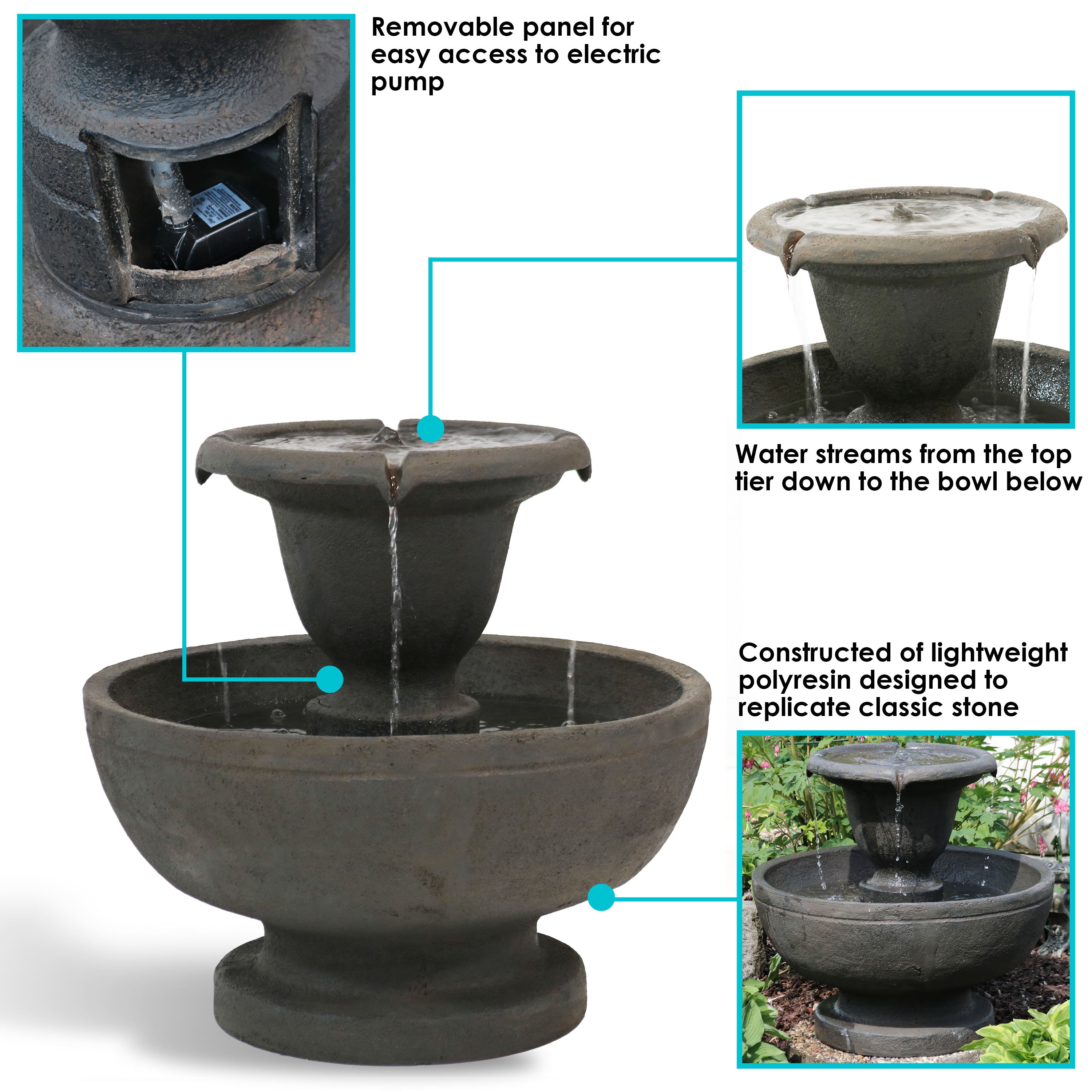 Sunnydaze Streaming Falls 2-Tier Outdoor Water Fountain - 25-Inch - Brown FC-22495