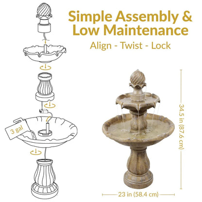 SunnyDaze Fountains Sunnydaze 2-Tier 35” Solar Powered w/ Battery Backup Fountain