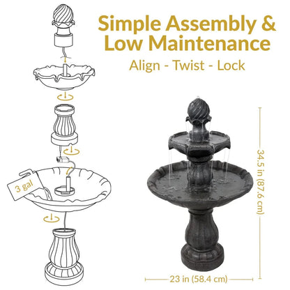 SunnyDaze Fountains Sunnydaze 2-Tier 35” Solar Powered w/ Battery Backup Fountain