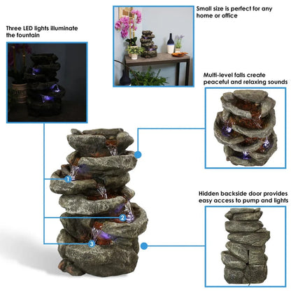 SunnyDaze Fountains Sunnydaze 6-Tier Stone Falls 15” w/ LED Light Table Top Indoor Water Fountain