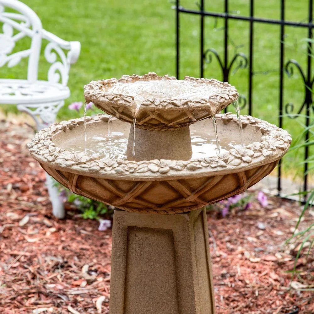 SunnyDaze Fountains Sunnydaze Beveled Flower 2-Tier Outdoor Water Fountain & Bird Bath - 28"