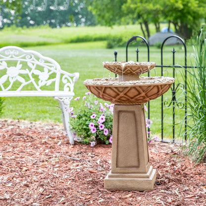 SunnyDaze Fountains Sunnydaze Beveled Flower 2-Tier Outdoor Water Fountain & Bird Bath - 28"