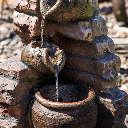 SunnyDaze Fountains Sunnydaze Crumbling Bricks and Pots 27” Solar Powered w/ Battery Backup Fountain