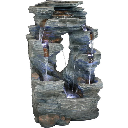 SunnyDaze Fountains Sunnydaze Dual Cascading Rock Falls Water Fountain with LED Lights and Electric Submersible Pump - 39"