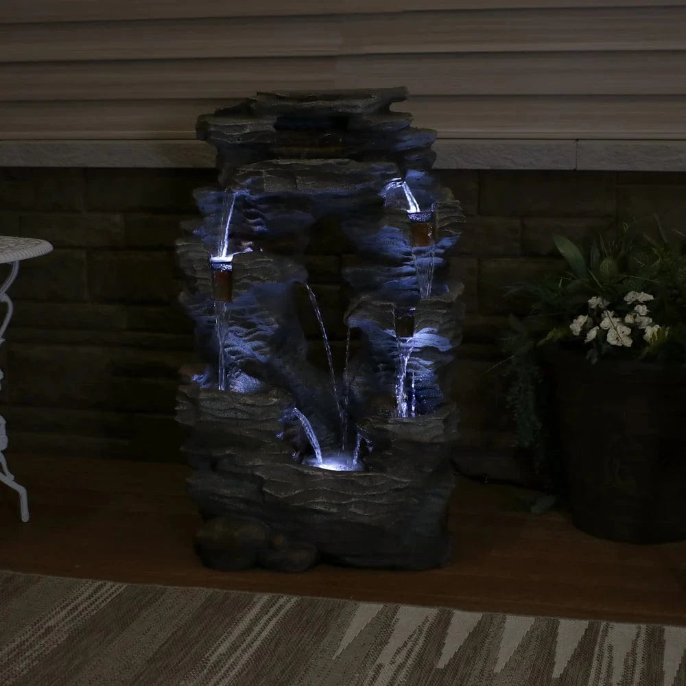 SunnyDaze Fountains Sunnydaze Dual Cascading Rock Falls Water Fountain with LED Lights and Electric Submersible Pump - 39"
