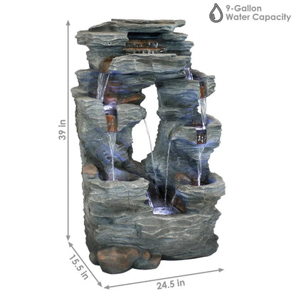 SunnyDaze Fountains Sunnydaze Dual Cascading Rock Falls Water Fountain with LED Lights and Electric Submersible Pump - 39"