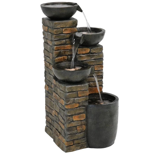 SunnyDaze Fountains Sunnydaze Staggered Pottery Bowls Tiered Outdoor Fountain with Lights - 34"