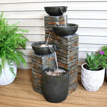 SunnyDaze Fountains Sunnydaze Staggered Pottery Bowls Tiered Outdoor Fountain with Lights - 34"