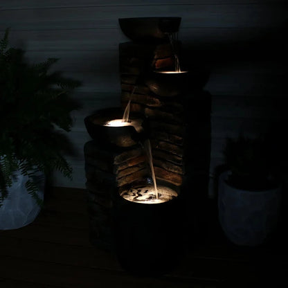 SunnyDaze Fountains Sunnydaze Staggered Pottery Bowls Tiered Outdoor Fountain with Lights - 34"