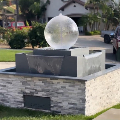 The Outdoor Plus 84" Atlas Sphere Top Square 4-way Spill Self-Contained Unit Fire & Water Fountain OPT-SGLOBE4FWE12V